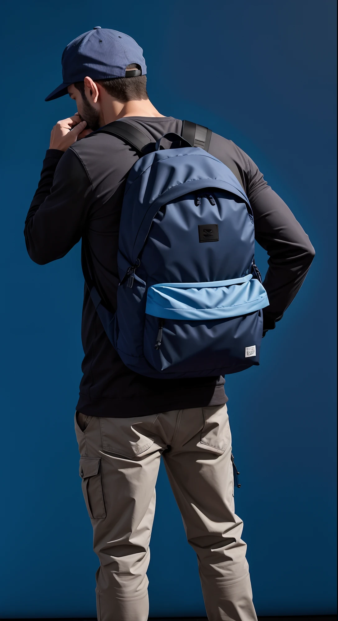 Arafed man with a backpack and hat standing against a blue background, um homem usando uma mochila, o homem tem uma mochila, mochila, uma mochila, com uma mochila, com dois bolsos frontais, mochila escolar, mochila quadrada, dois - tom, foto oficial do produto, Sacos, sharp colors, sharpened details, tiro apertado do assunto, neblina sobre o tiro no ombro