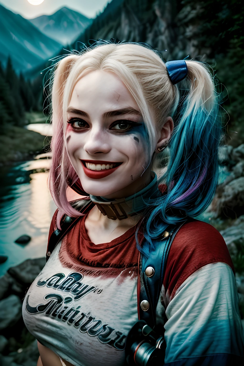 1girl, harleyquinn, twintails, multicolored hair, ((upper body selfie, happy)), masterpiece, best quality, ultra-detailed, solo, outdoors, (night), mountains, nature, (stars, moon) cheerful, happy, mountain boots, gloves, flashlight, forest, rocks, river, wood, smoke, shadows, contrast, clear sky, analog style, (look at viewer:1.2), (skin texture), (film grain:1.3), (warm hue, warm tone :1.2), close up, cinematic light, sidelighting, ultra high res, best shadow, RAW, upper body, wearing pullover