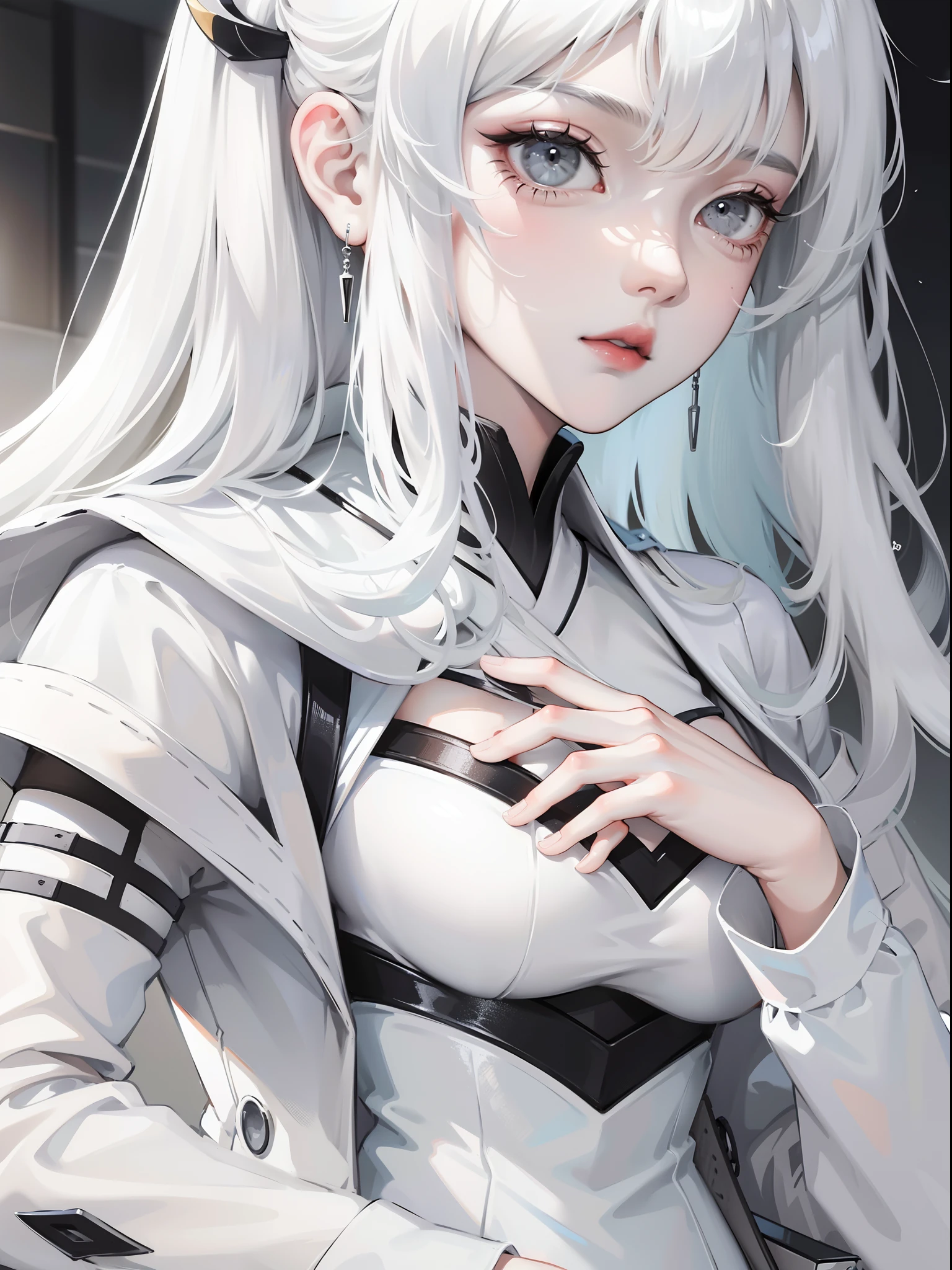 Close-up, anime girl, white hair, white eyes, white and grey clothes, white and grey accessories, mecha