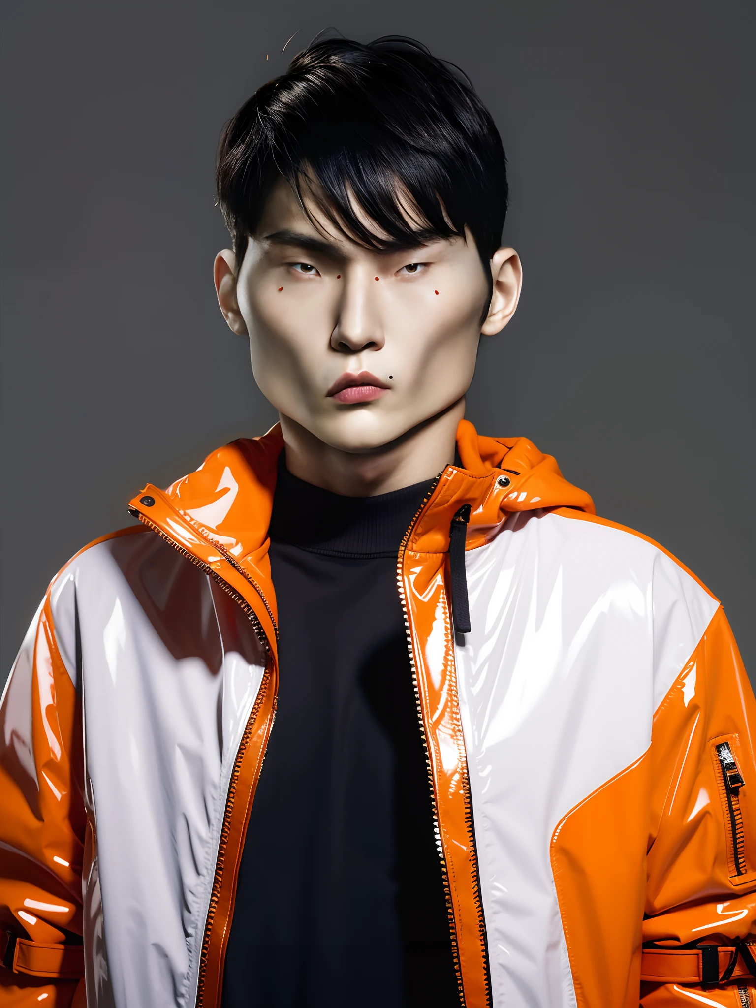 1boys,high high quality,Wear a PVC Hermès orange jacket,Open jacket,Zippered hood,cyber punk perssonage,