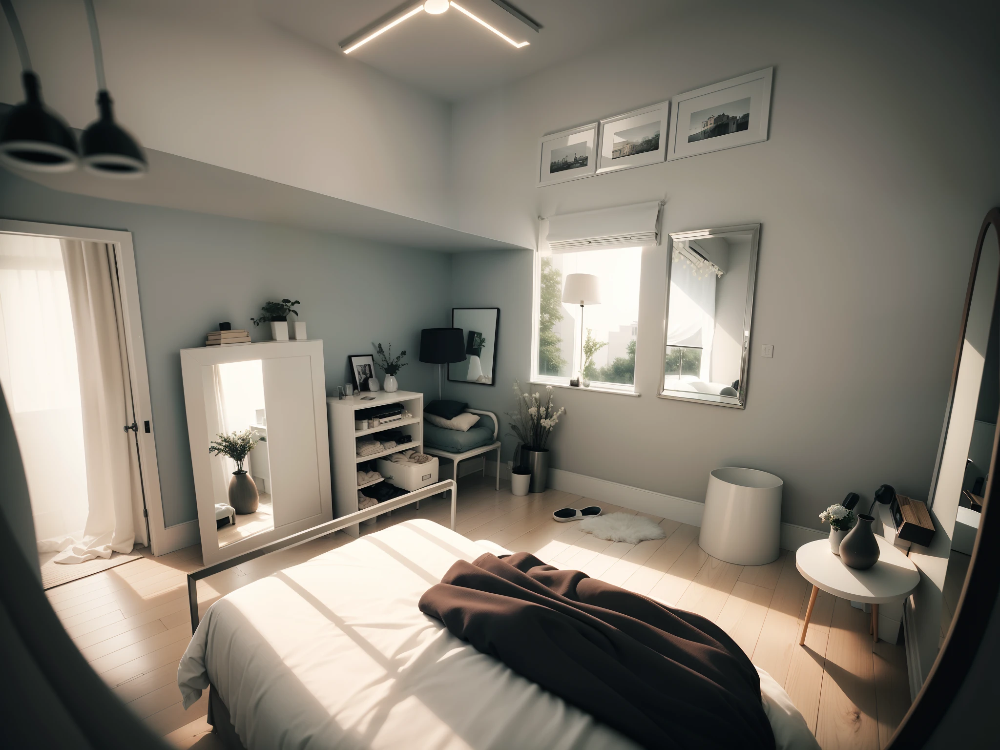 A bedroom for a married couple, only essential things will add in order to clean and tidy, white and grey colour theme, white wardrobe included, tall mirror also included.