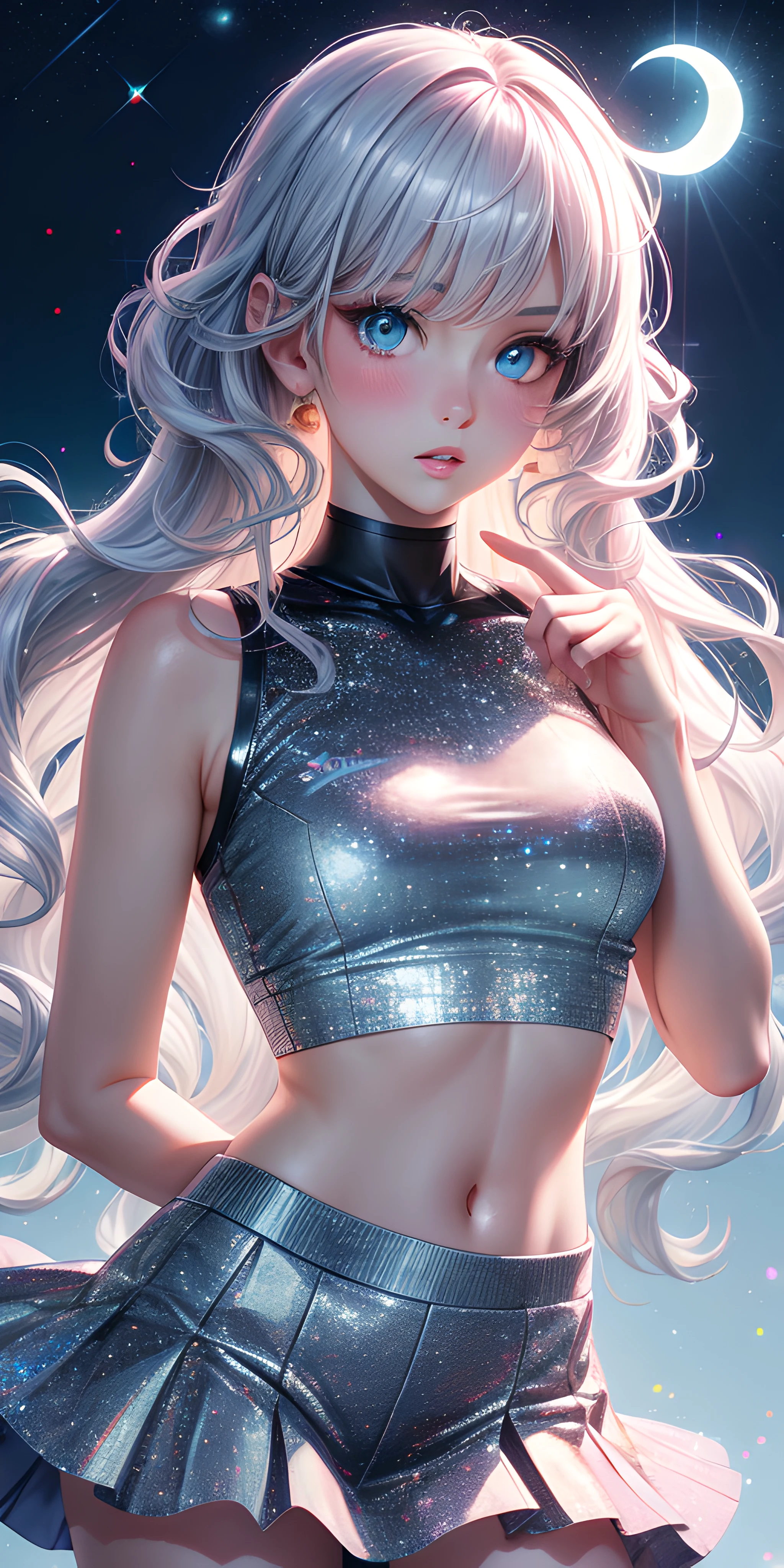 realistic, 1girl, holographic long wavy hair, heterochromic eyes, glowing eyes, holo crop top, holo skirt, parted lips, blush, moon, night, white roses, pastel pink,pastel blue tetradic colors, glitter