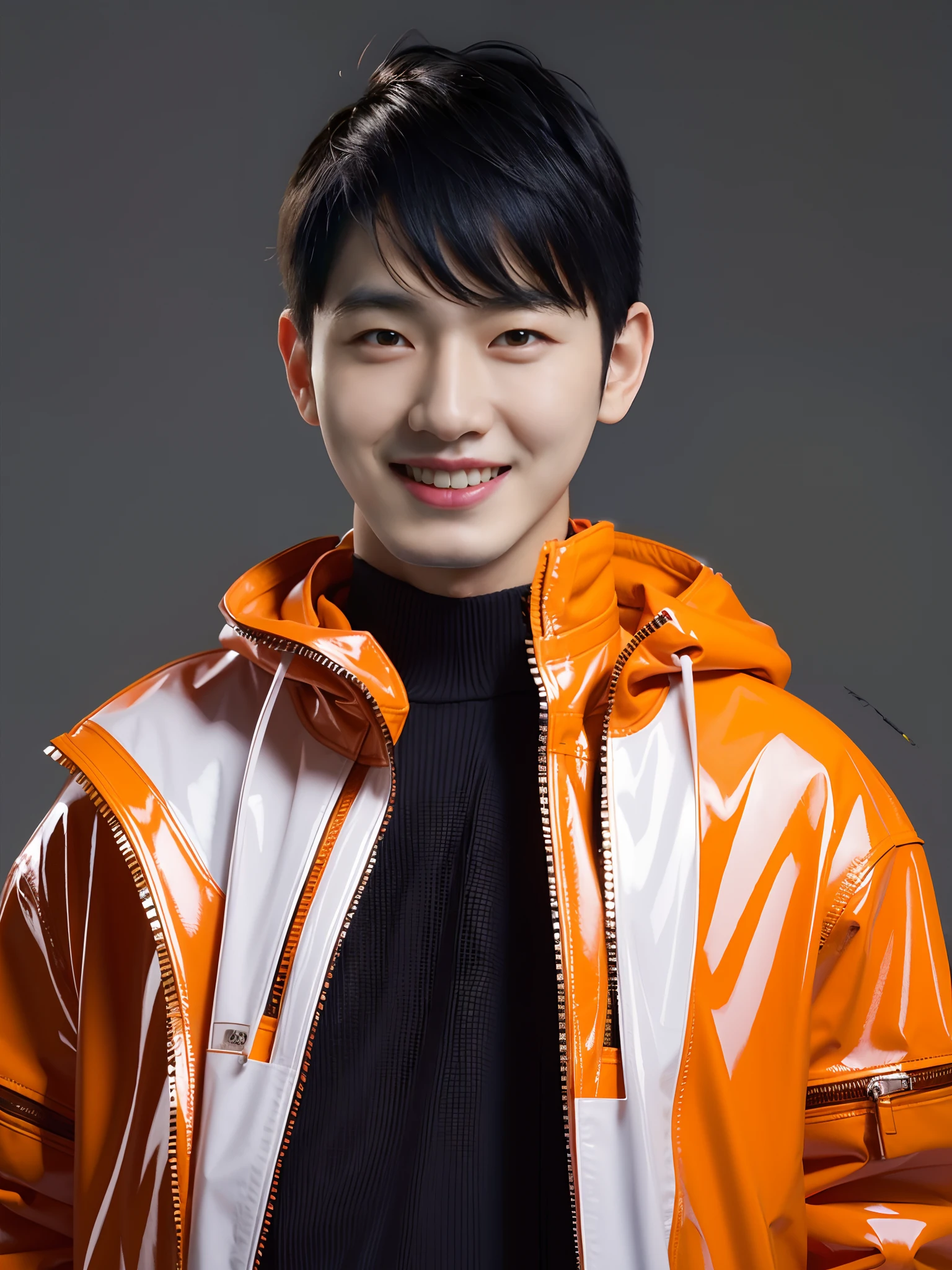 1boys,high high quality,Wear it in a PVC Hermès orange jacket,Open jacket,Zippered hood,cyber punk perssonage,