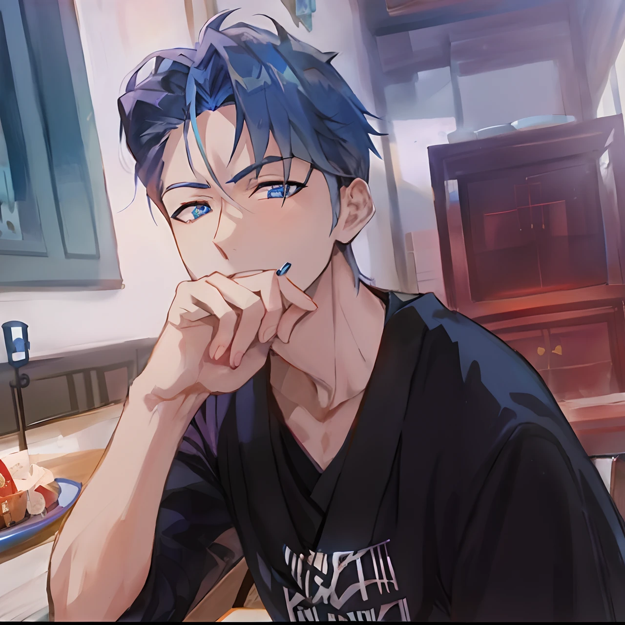 Blue-eyed anime man sitting at a table,Carrying a plate of food, handsome guy in demon killer art, Handsome anime pose, Anime handsome man, Tall anime guy with blue eyes, Anime portrait of a handsome man, heise jinyao, young anime man, Guviz-style artwork, Male anime style, Inspired by Bian Shoumin, male anime character