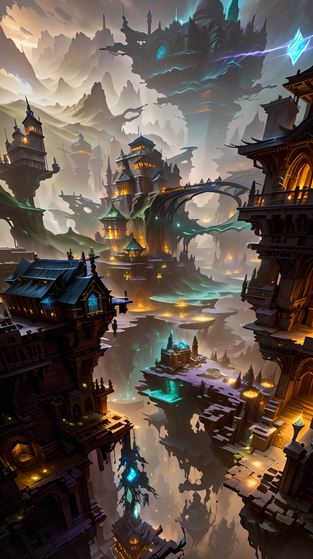 Magic Floating City，Ancient fluorescent stone，Detailed 3D fantasy art,Settings and views,The most epic view,Fantasy highly detailed concept art