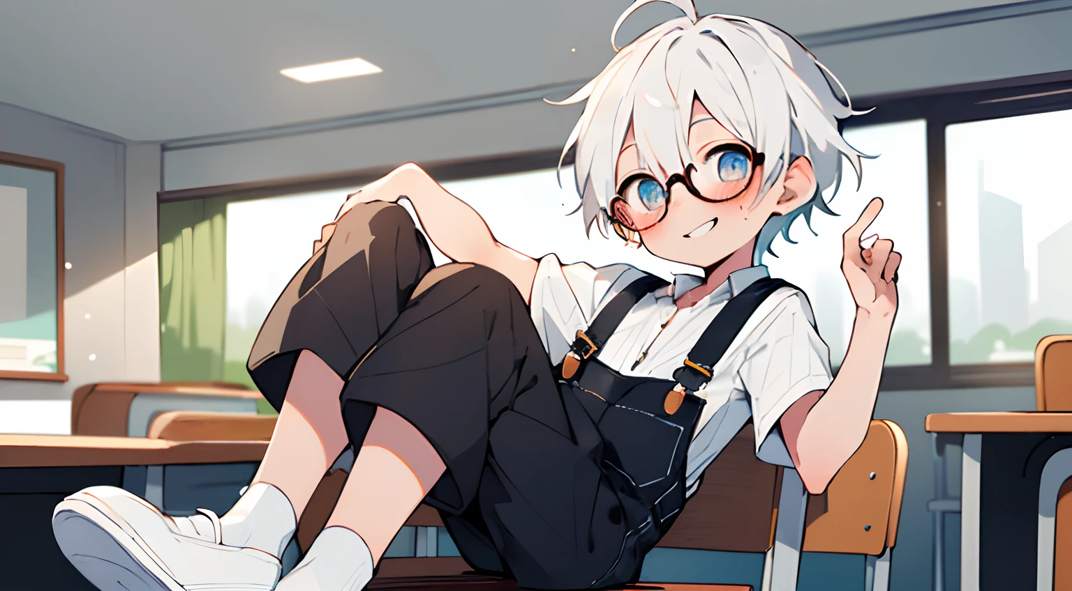 ((masterpiece)),(((best quality))), (high-quality, breathtaking),(expressive eyes, perfect face), 1boy, solo, male, short, young, small boy, short white hair, aquamarine eyes, goblin ears, smiling, wearing round glasses, blushing, black and white striped shirt, Overalls, white socks, white shoes, cute,sitting in the classroom