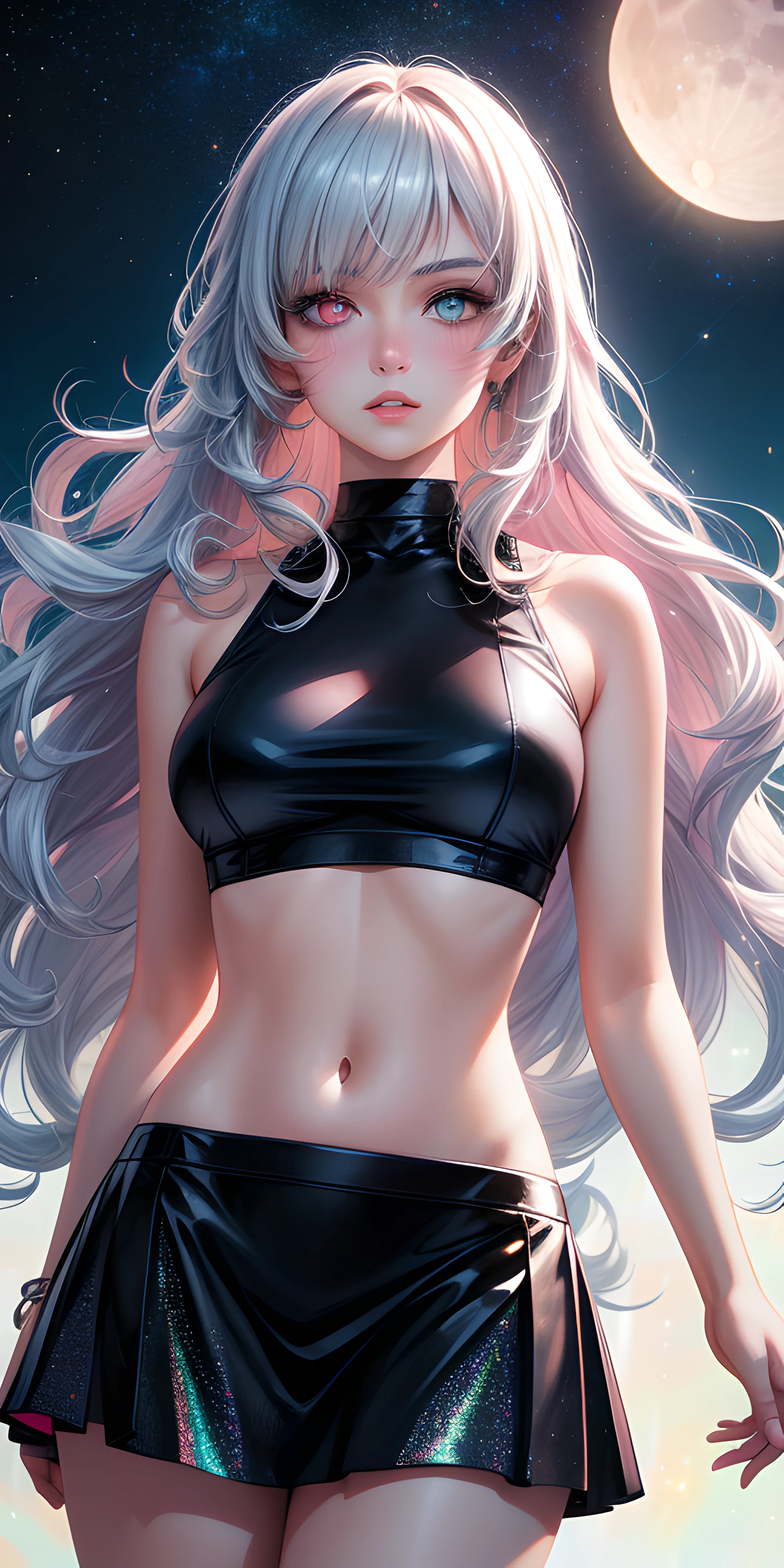 realistic, 1girl, holographic long wavy hair, heterochromic eyes, glowing eyes, holo crop top, holo skirt, parted lips, blush, moon, night, white roses, pastel pink,pastel blue tetradic colors, glitter