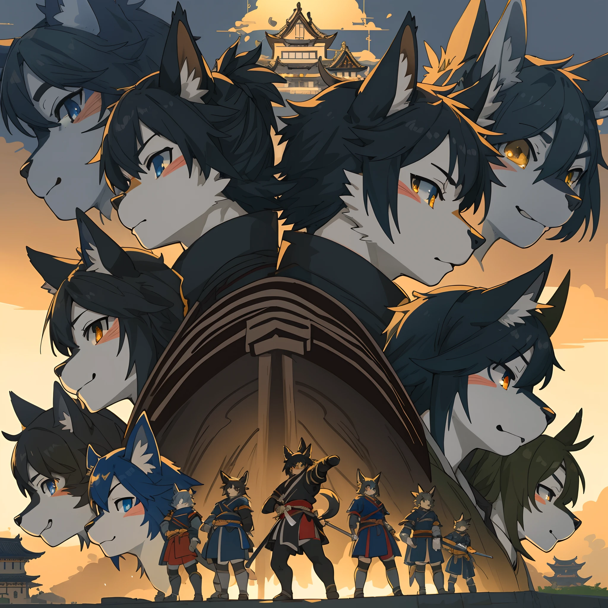 x composition, top quality, best quality, High-quality illustrations, masterpiece, super high resolution, detailed background, japanese castle, samurais, 6+boys, 6+girls, absurdres(highly detailed beautiful face and eyes)perfect anatomy, expression, good lighting, cinematic shadow(kemono, furry anthro)assorted poses, dynamic angle,