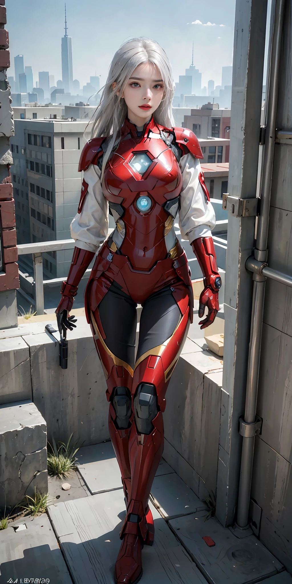 (1girl:1.3), solo,__body-parts__, official art, unity 8k wallpaper, ultra detailed, beautiful and aesthetic, beautiful, masterpiece, best quality, RAW, masterpiece, super fine photo,, best quality, super high Resolution, photorealistic, sunlight, full body portrait, stunningly beautiful,, dynamic pose, delicate , vibrant eyes, (side view), she is wearing a futuristic Iron Man mech, red and gold, Highly detailed abandoned warehouse background, detailed face, detailed complex busy background, messy, gorgeous, milky, high detailed skin, realistic skin details, visible pores, sharp focus, volumetric fog, 8k uhd, dslr camera, High quality, film grain, fair skin, photorealism, lomography, sprawling metropolis in a futuristic dystopia, view from below, translucent, detailed face, white hair