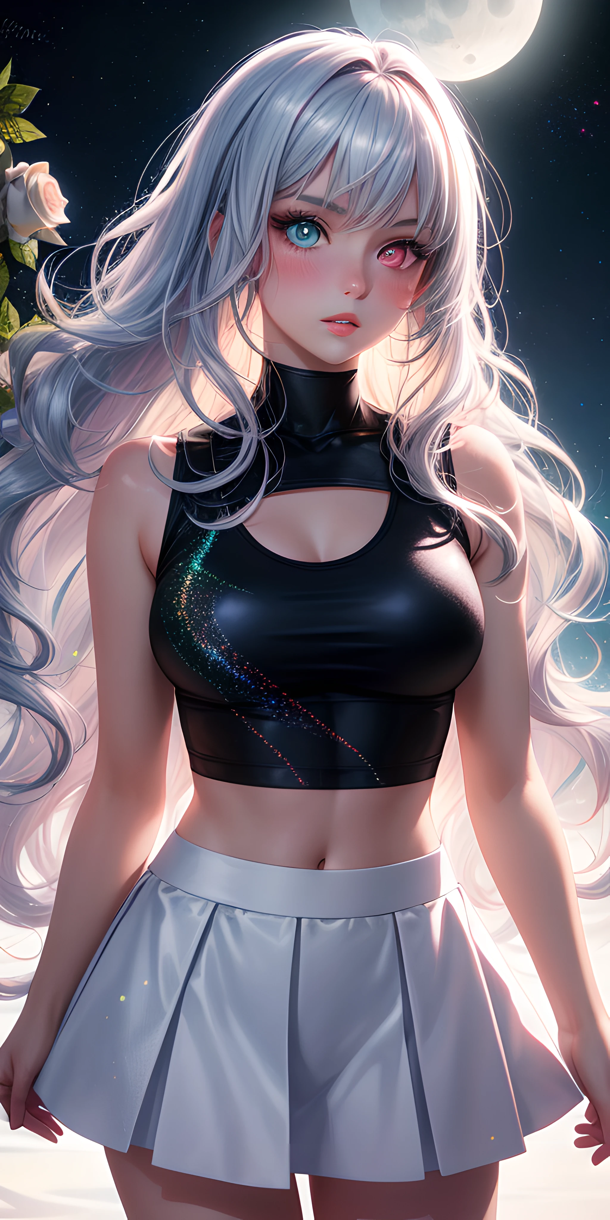realistic, 1girl, holographic long wavy hair, heterochromic eyes, glowing eyes, holo crop top, holo skirt, parted lips, blush, moon, night, white roses, pastel pink,pastel blue tetradic colors, glitter