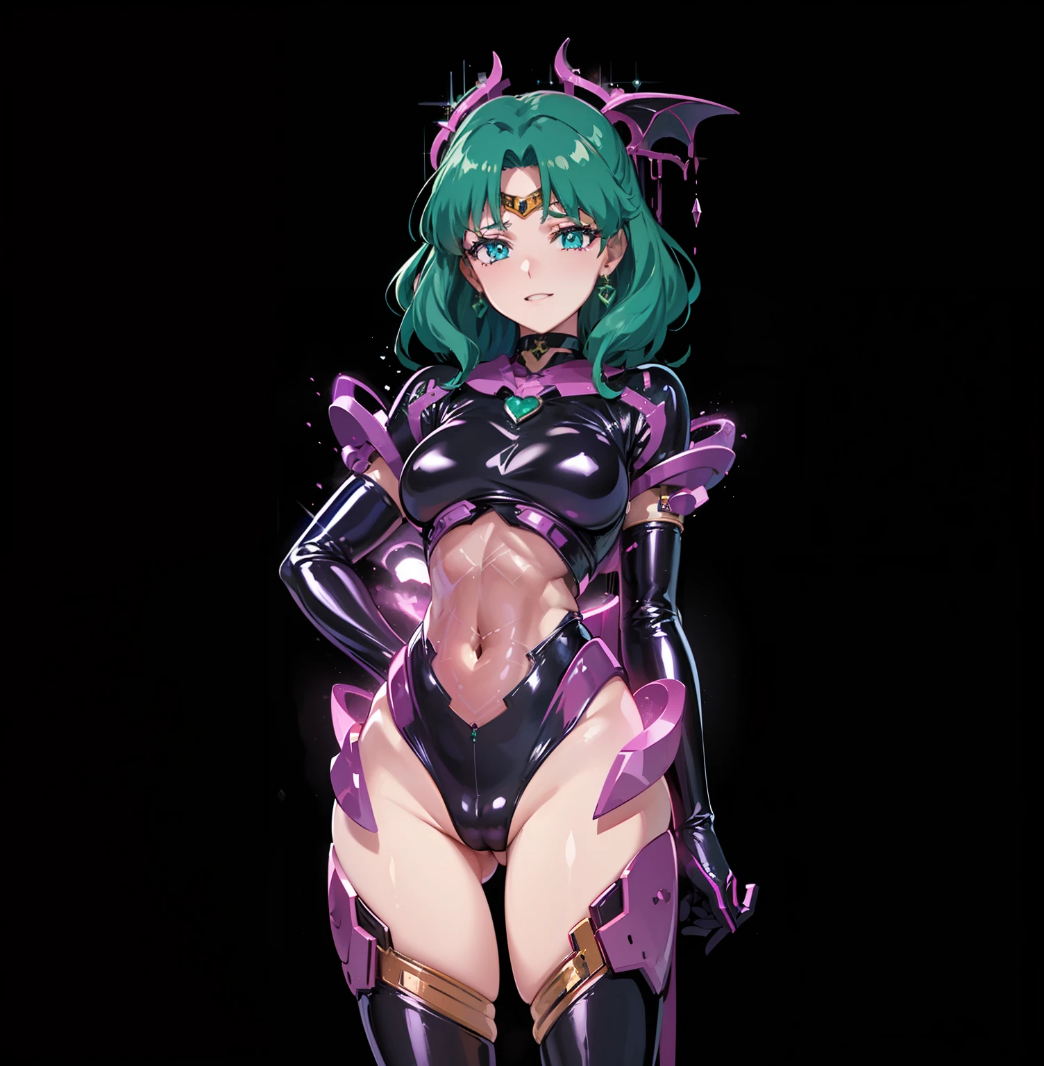 a closeup, 1girl in, Sailor Neptune, aqua eyes, Dark green hair, Medium Hair, (Body tights, Black latex long gloves and boots, Aqua-colored lines on the body, Heart Nipple Less, The navel is visible, Tattoo of the lower abdomen:1.1), Eyes without light, grin, Black ornament on forehead, Bat feather hair ornament, Spread your legs apart, Mechanical chair,Sit on a pipe that glows pink , top-quality, ​masterpiece, hight resolution, intricate detailes, ((realisitic)), black latex gloves, medium breasts⁩, chastity belt, natta
