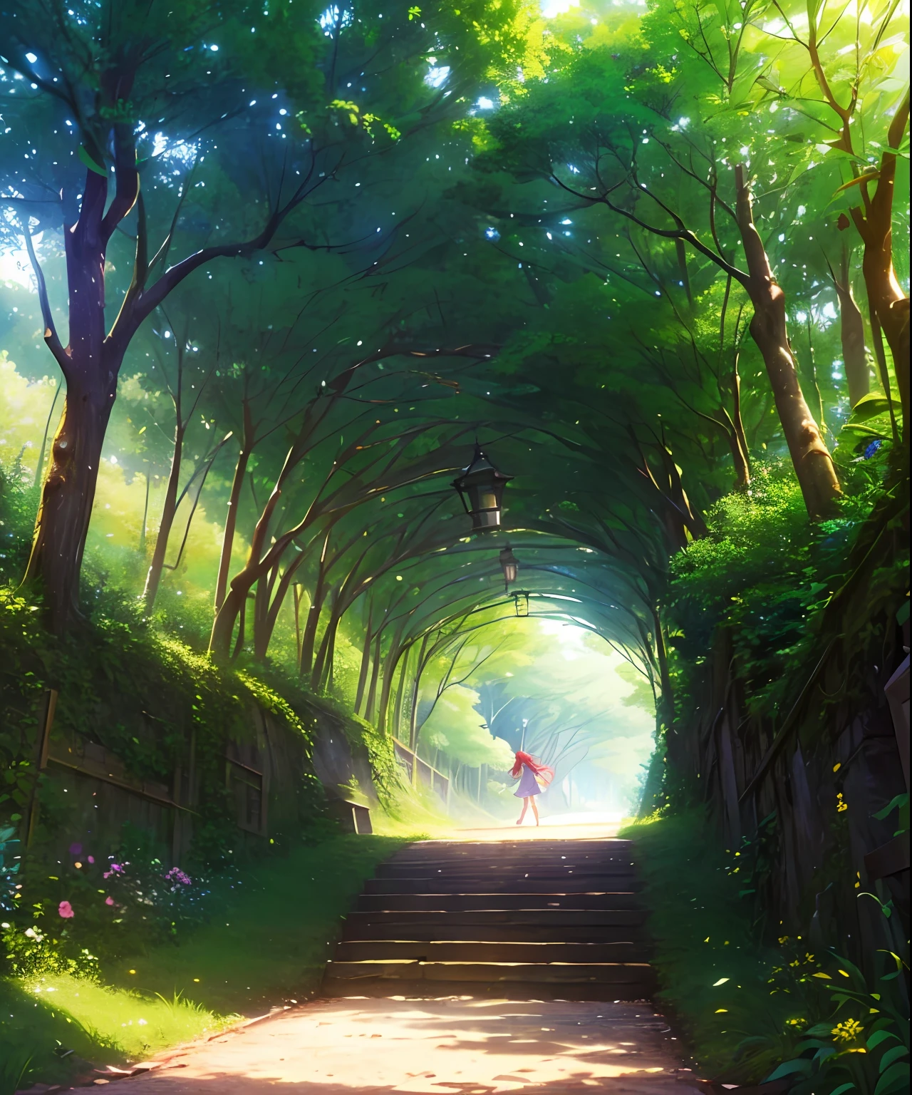 (((masterpiece)))、(((top-quality)))、((ultra-detailliert))、(illustratio)、((extremely delicate and beautiful))、dynamic ungle、A smile、floating、Red-haired、(Detailed light) (1girl in)、、Put flowers in baskets、独奏、The long-haired、The wind is blowing、A WORLD、In nature、Some flowers are blooming、Labyrinth of nature、(The tree々Tunnel of)(the woods)