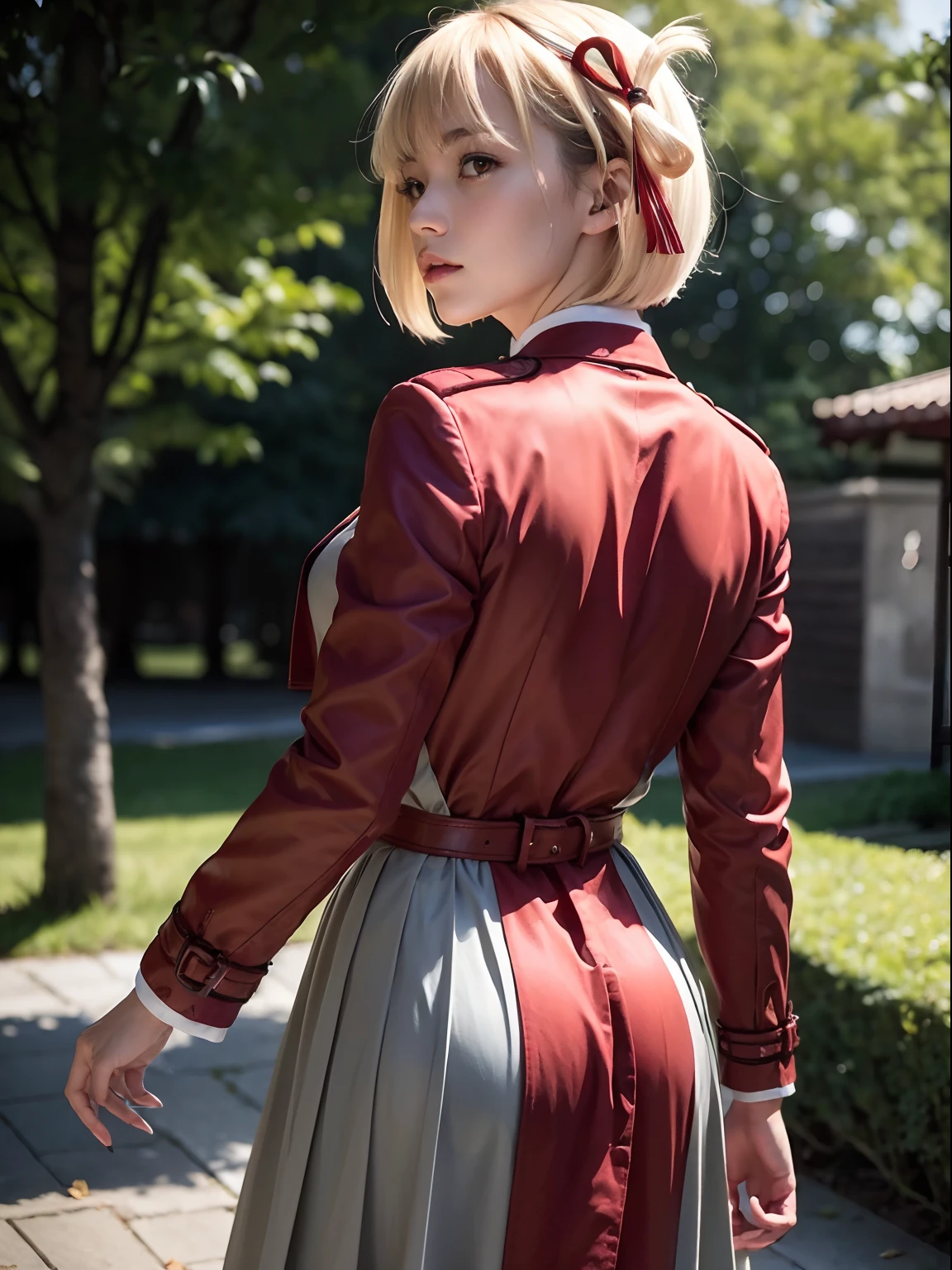 (masterpiece, best quality:1.4), (standing:1.3), (from behind:1.5), (erotic pose:1.4), happy and big smile, chisatonishikigi, nishikigi chisato, short hair, bangs, blonde hair, (red eyes:1.5), hair ribbon, one side up, bob cut, BREAK shirt, long sleeves, dress, ribbon, white shirt, collared shirt, belt, neck ribbon, red dress, blue ribbon, pleated dress, grey dress, two-tone dress, red belt, lycoris uniform, BREAK outdoors, citypark, looking at viewer ,looking at viewer looking at viewer beautiful face, highly detailed face, highly detailed eyes, highly detailed skin, skin pores, subsurface scattering, realistic pupils, full face blush, full lips, detailed background, depth of field, volumetric lighting, sharp focus, absurdres, realistic proportions, good anatomy, (realistic, hyperrealistic:1.4), 16k hdr,