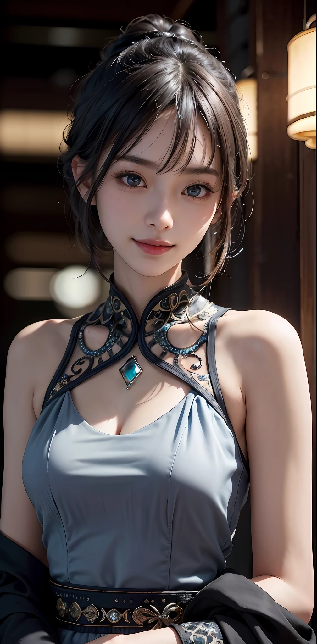 Masterpiece, 1 Beautiful Girl, Detailed, Swollen Eyes, Top Quality, Ultra High Resolution, (Reality: 1.4), Original Photo, 1Girl, Cinematic Lighting, Smiling, Japanese, Asian Beauty, Korean, Clean, Super Beautiful, Little Young Face, Beautiful Skin, Slender, Cyberpunk Background, (ultra realistic), (high resolution), (8K), (very detailed), (best illustration), (beautifully detailed eyes), (super detailed), (wallpaper), (detailed face), viewer looking, fine detail, detailed face, pureerosfaceace_v1, smiling, 46 point slanted bangs, looking straight ahead, neat clothes, dark colored eyes, clothes sleeveless, body facing front,