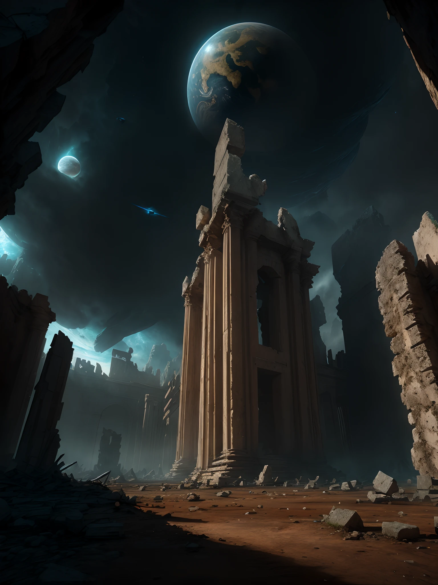 end of the world, ((Extreme Wide Shot)),Dramatic Lighting, (8k resolution), 8k, 8kres, huge palace, masterpiece, best quality, huge ruins, planet, plant,