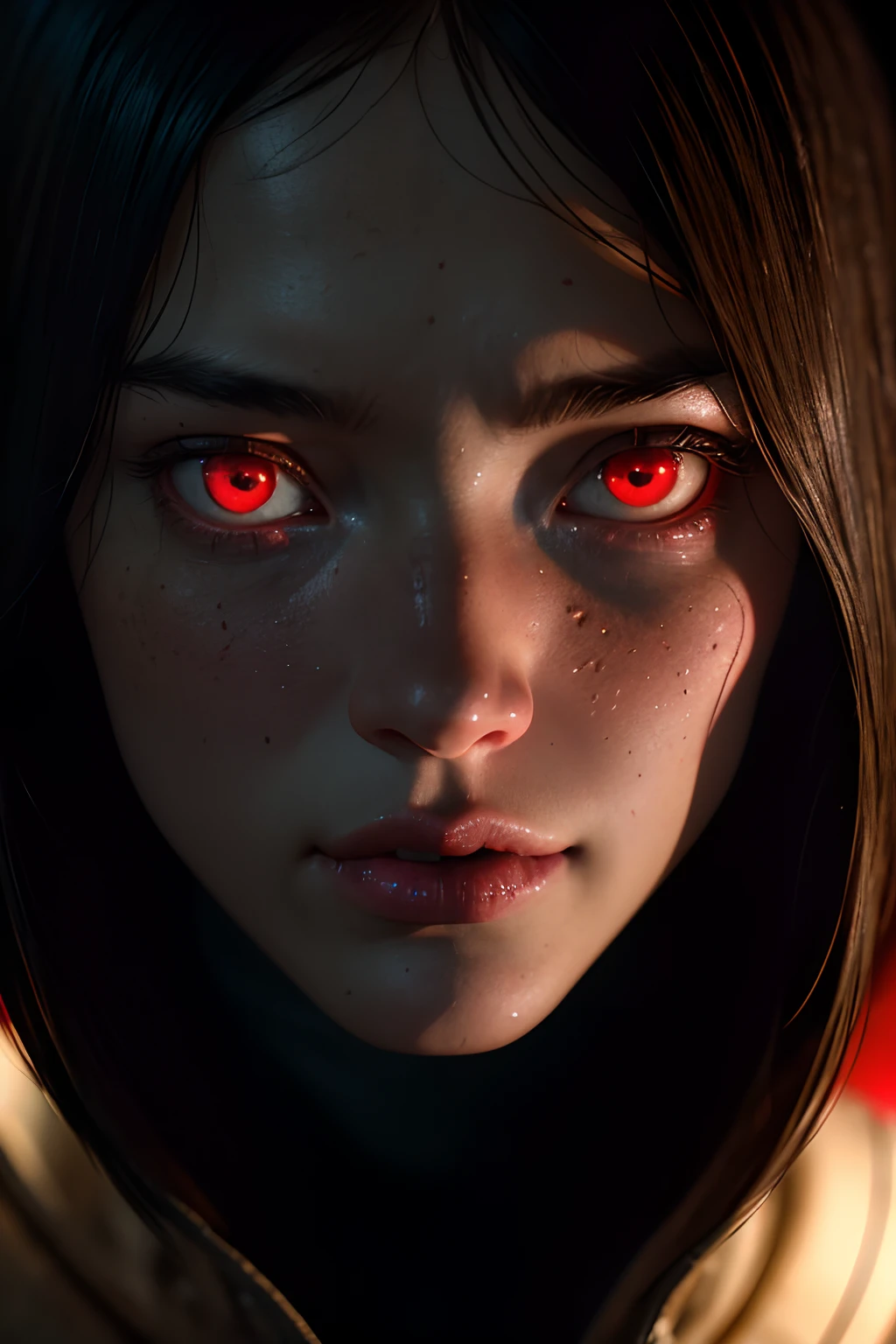 Movie, ((Face close up)), best quality, clear graphics, torch light, (The detail is clear to every hair on the face), 1girl, demonic, evil, nsfw, sexy woman, eye depth, (brother moons), (dead space) ,science fiction, (beautiful glowing red eyes), photo realistic, 20 megapixel, nikon d850, ((vibrant, photo realistic, realistic, dramatic, sharp focus, 8k)), (faded freckles:0.6), subsurface scattering, sharp, retouched, intricate detail, by Greg Rutkowski, by (Jeremy Lipking,:0.8), ((junji ito)), by ralph bakshi,((Silent Hill)), H.R. Giger, Beksinski