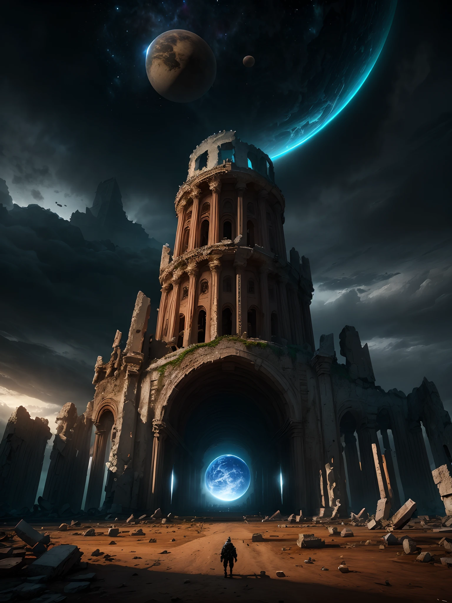 end of the world, ((Extreme Wide Shot)),Dramatic Lighting, (8k resolution), 8k, 8kres, huge palace, masterpiece, best quality, huge ruins, planet, plant,