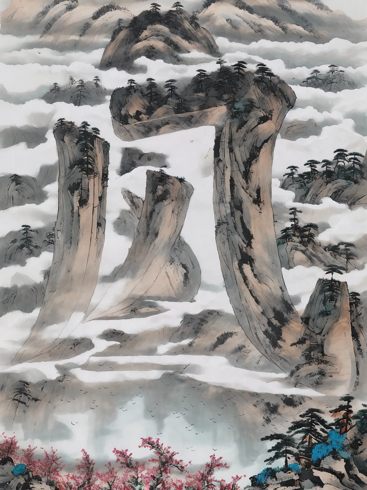 ((masterpiece)), ((best quality)), ((high-res)),((extremly details)), ((Ink wash)), ((artist)), a painting of longly mountain and pine_tree, 分支, no_humans, 户外, 风景, 鸟类, 瀑布,河流, 靛蓝颜料, zulishisong_style_mountains