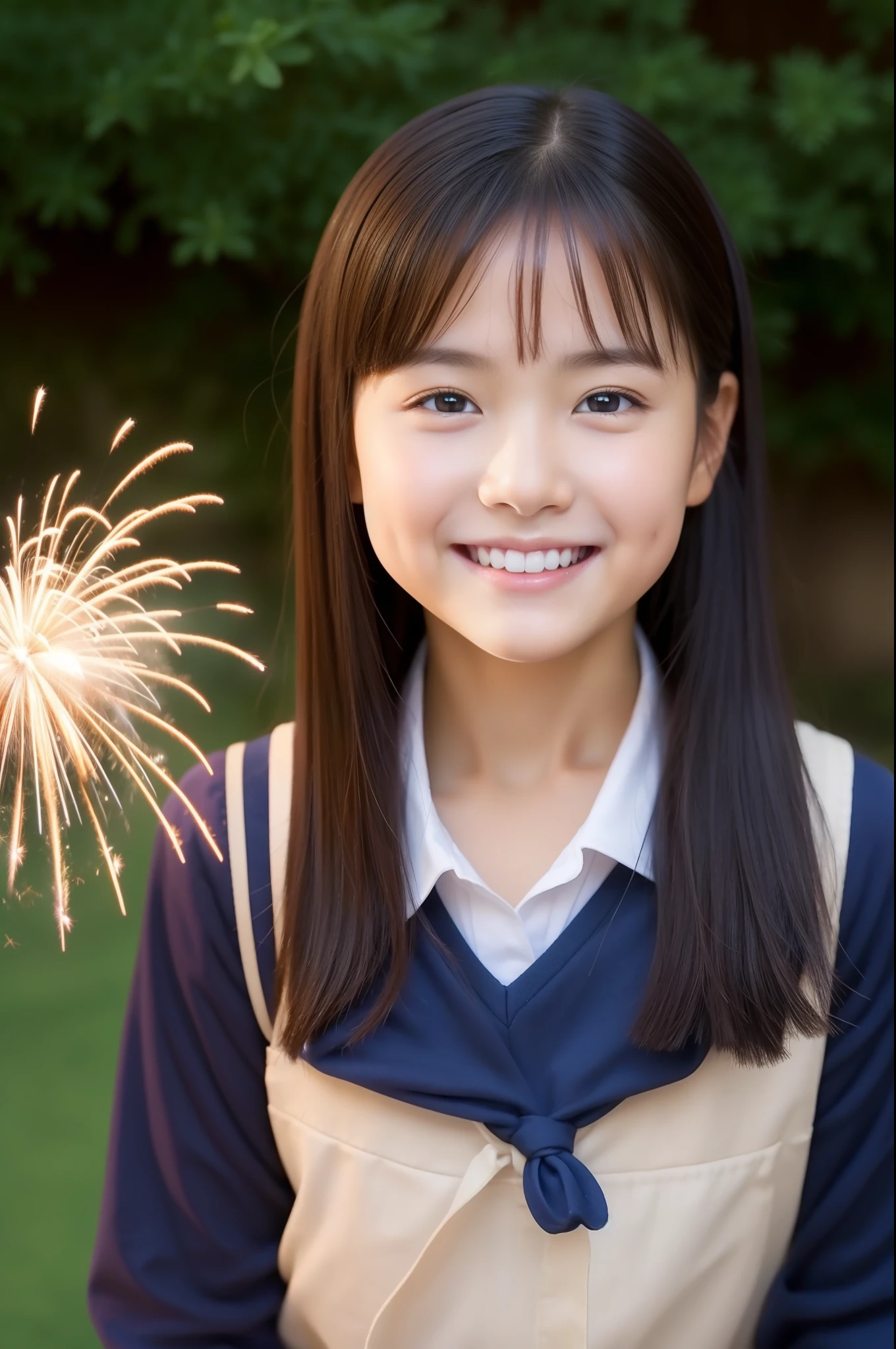 A smile、a baby face、hi-school girl、While doing fireworks