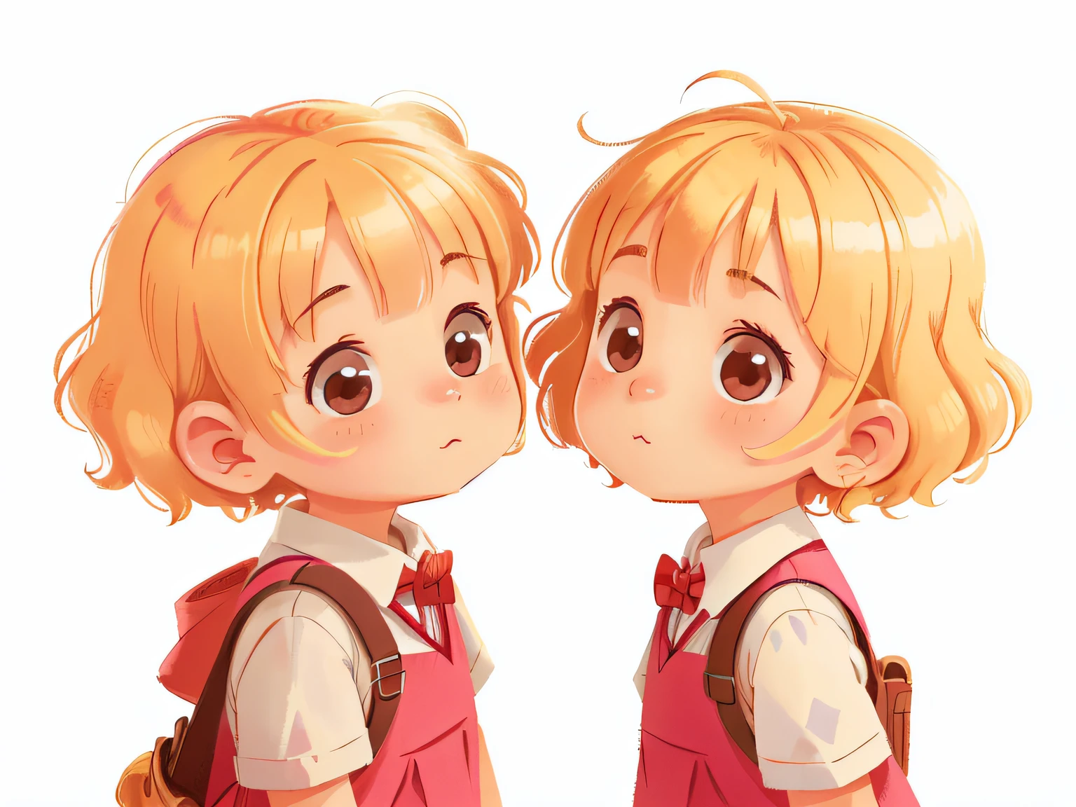 illustration, masterpiece, best quality,
some little girls with short, curly hair,
 waving to the viewer (us), in school uniform, ((From several different angles))
from opposite, From behind, from the profile,
in the style of childreb book charecter, charecter sheet, white background, adjective + object, character sheet, children book character, white background, blonde hair,
white background,  looking at viewer, short hair,
