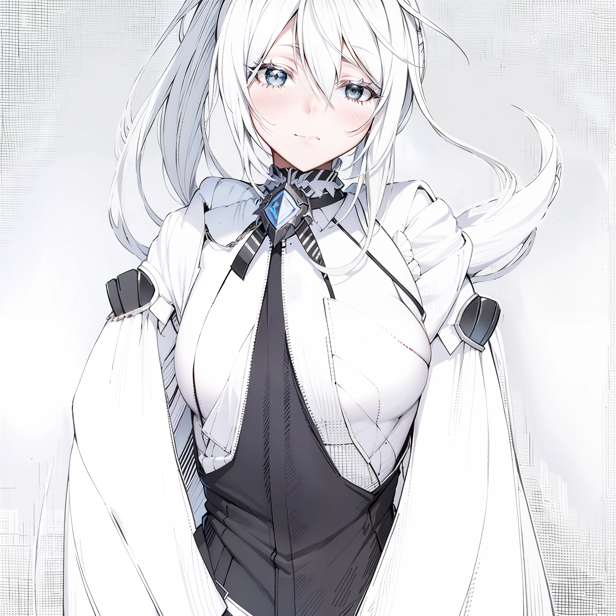 Anime characters dressed in white and black and holding swords, white-haired god, zerochan art, zerochan, a silver haired mad, anime big breast《kingpin》Albedo in , Albedo from Overlord, twintails white_mitts, white haired Cangcang, Wearing a shabby white cloak, he has dark grey hairs, shiro from deadman wonderland, White-haired