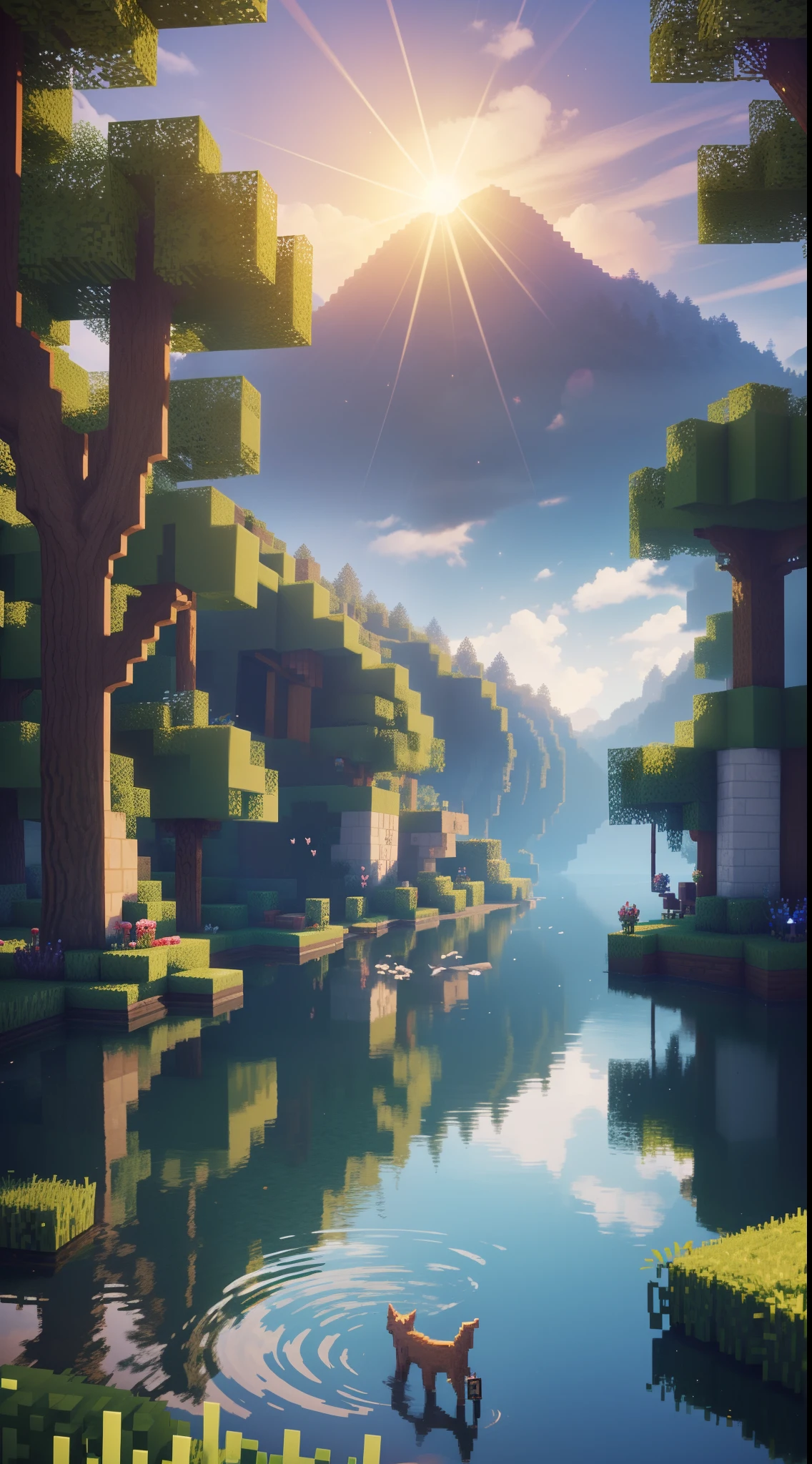 Welcome to the world of Minecraft with its captivating and charmingly simple pixel atmosphere. As you step into this world, you'll be mesmerized by the colorful scenery of pixel blocks forming the environment around you.
The bright blue sky adorns the heavens, with soft white clouds gently drifting in the distance. The sunlight illuminates the land and trees with warm colors, creating a comfortable and peaceful ambiance.
As the sun starts to set, the sky transforms into beautiful shades of orange and purple. Glittering pixel stars begin to appear one by one, adding enchantment to the night sky.
You walk amidst pixelated fields, surrounded by charming creatures that may look simple but exude their own unique charm. Some pixelated wolves play around, while pixel birds chirp happily in nearby trees.
Occasionally, you hear the gentle sound of flowing water, signaling the presence of a river or lake not far from where you stand. You feel the urge to explore and get a closer look at the natural wonders around you.
With a stack of simple blocks, you can build a humble yet charming pixel home. Perhaps a wooden cabin in the middle of the forest or a small hut atop a hill. The choices are only limited by your imagination.
In this simple pixel atmosphere, you experience peace and wonder in every corner of the Minecraft world. You don't need complex graphics to feel the joy and creativity as you embark on your adventure. Enjoy the magic of the pixel world within the game of Minecraft!