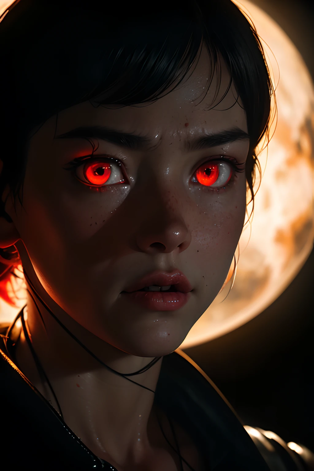 Movie, ((Face close up)), best quality, clear graphics, torch light, (The detail is clear to every hair on the face), 1girl, demonic, evil, nsfw, sexy woman, eye depth, (brother moons), (dead space) ,science fiction, (beautiful glowing red eyes), photo realistic, 20 megapixel, nikon d850, ((vibrant, photo realistic, realistic, dramatic, sharp focus, 8k)), (faded freckles:0.6), subsurface scattering, sharp, retouched, intricate detail, by Greg Rutkowski, by (Jeremy Lipking,:0.8), ((junji ito)), by ralph bakshi,((Silent Hill)), H.R. Giger, Beksinski