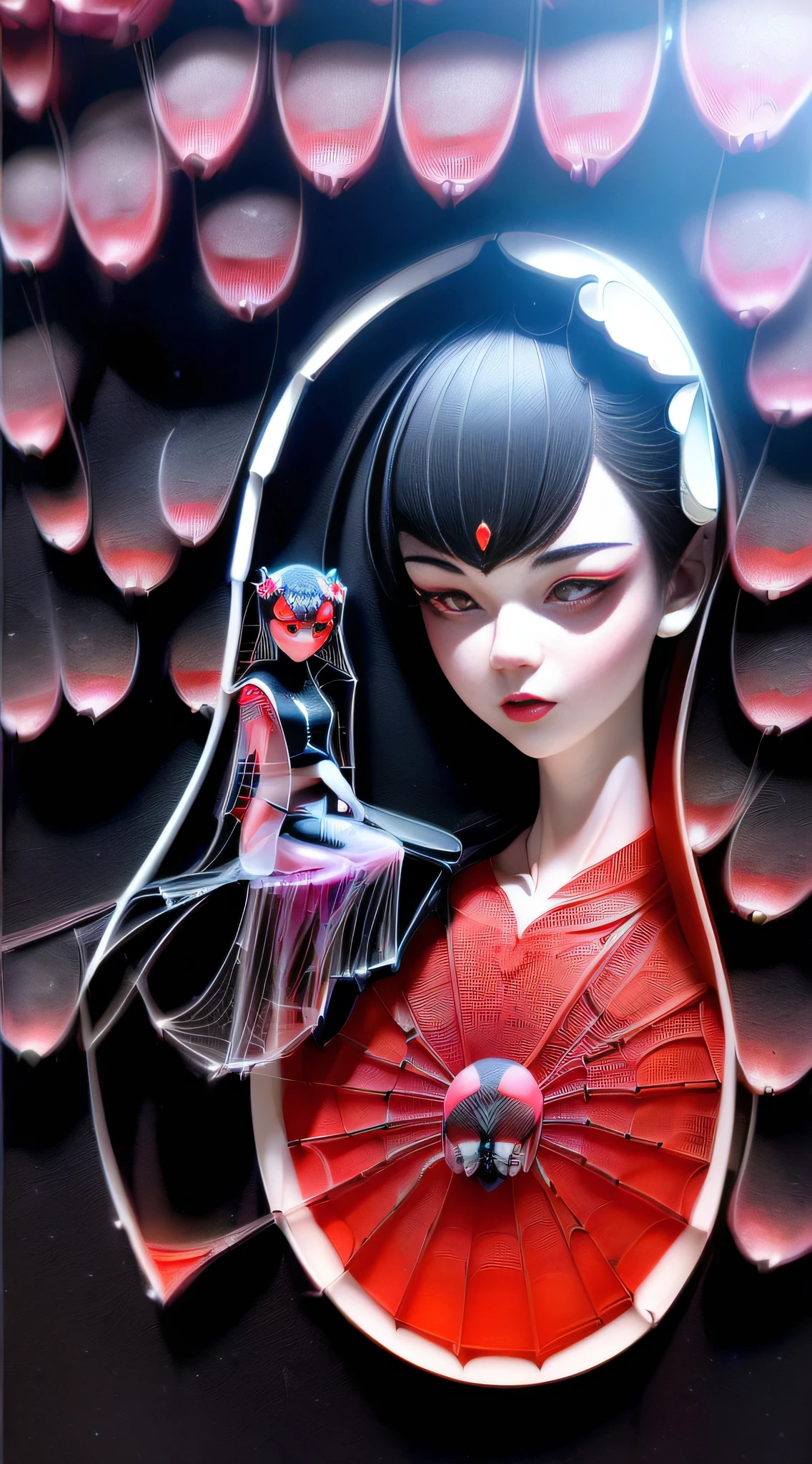 (masterpiece:1.3), (girl sitting in transparent spider abdomen:1.5), (dark cave, dark background:1.4), fluorescent, intricate, full body,surreal,breathtaking,incredible,(best quality),(ultra-detailed, high resolution, extremely detailed),yuzu,1 girl,red eye,