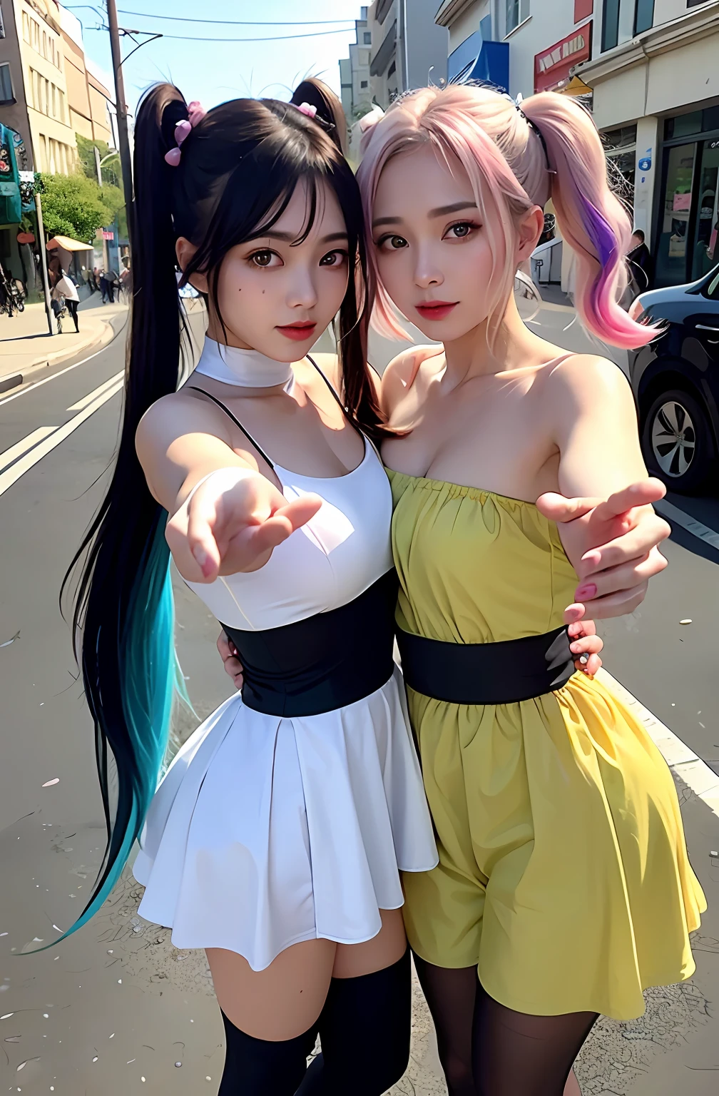 shukezouma, rendering by octane, hdr, (ultra - detailed:1.15), (Soft light, Sharp:1.2), (((duo,Two women in costume take selfies on the street,colorful pigtail, anime cosplaying,))),Beautiful girl, hyper detail eyes, mature, Painting drops, paint teardrops, woman made up from paint, entirely paint, splat, Splash, Long colored hair,paint bulb,paint drops, Exposed shoulders, Tears,shoulders are visible, Thighs exposed, seminude, focus onface, Beautiful face, eye shadows, Dark circle contour,mascara, Beautiful, 18yr old