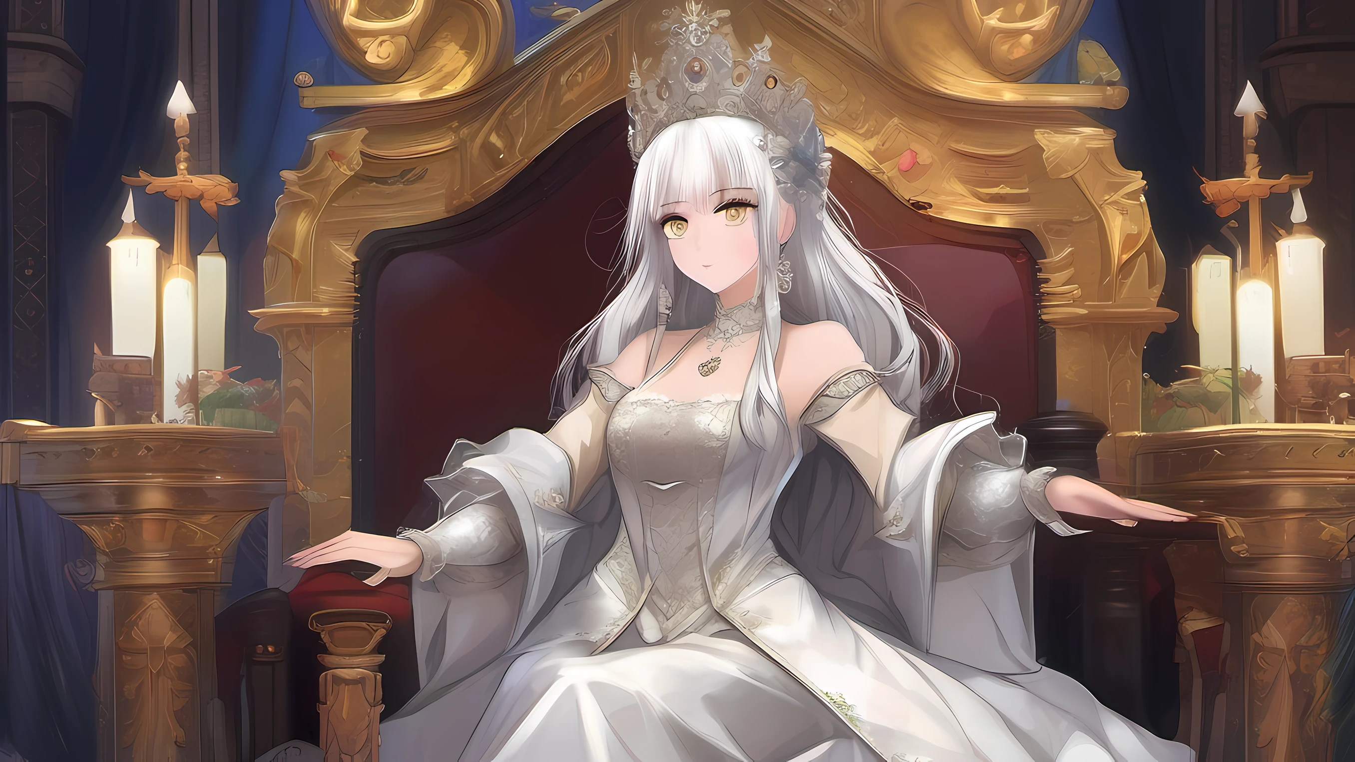 A beautiful girl with white hair,Off-white eyes,adolable,face to the viewer,medieval times,nobles,sitting on an royal throne,tmasterpiece
