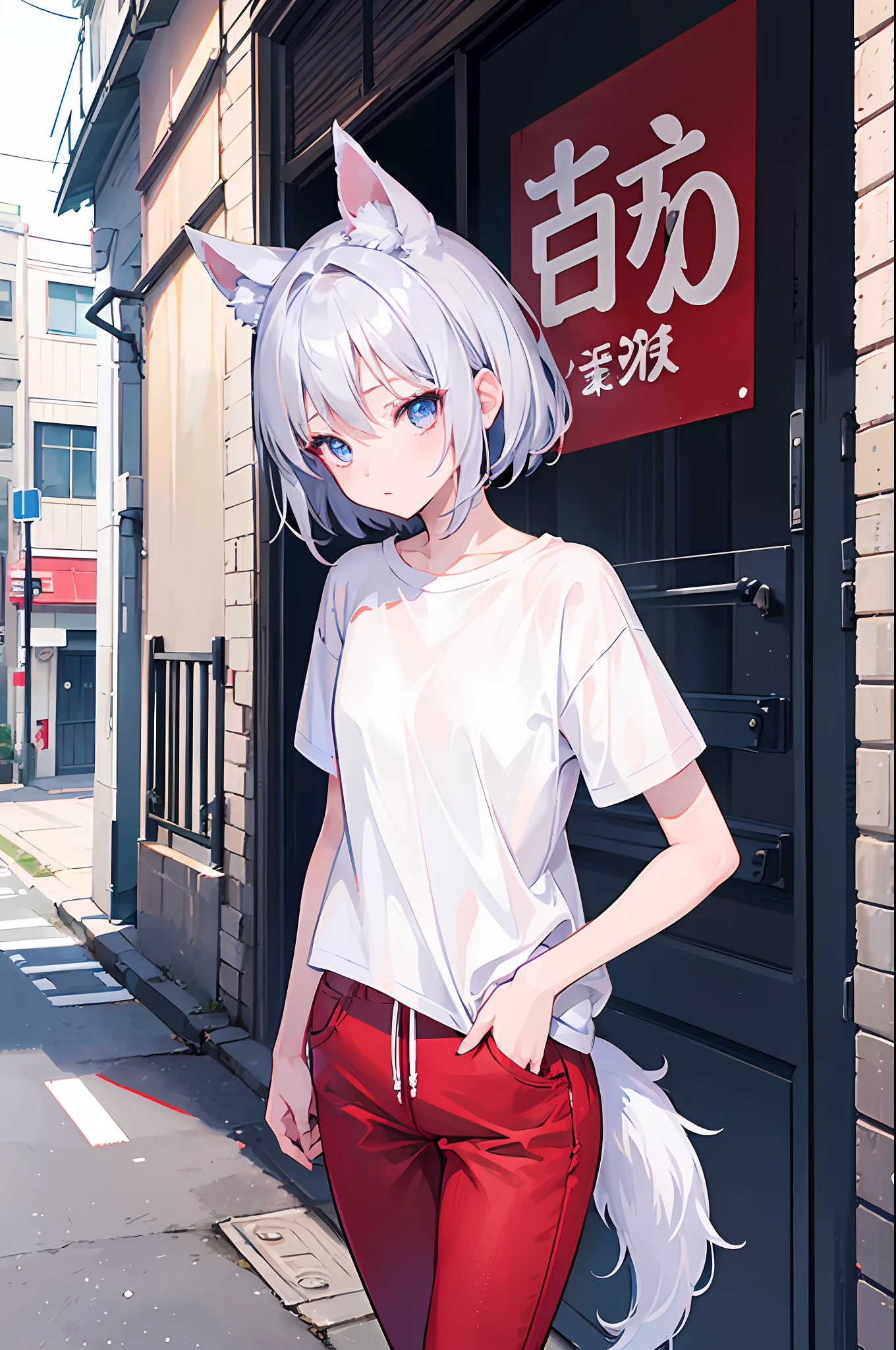 1 girl in、(silber hair)、short-hair、Black eyes、Canine ears、Dog tail、Wearing a red muffler、shortpants、((white t-shirts))、Jeans material haori、a cool、blue-sky、In the street、Delicate eyes、(Masterpiece Highest Quality:1.2), [[Multiple arms]]