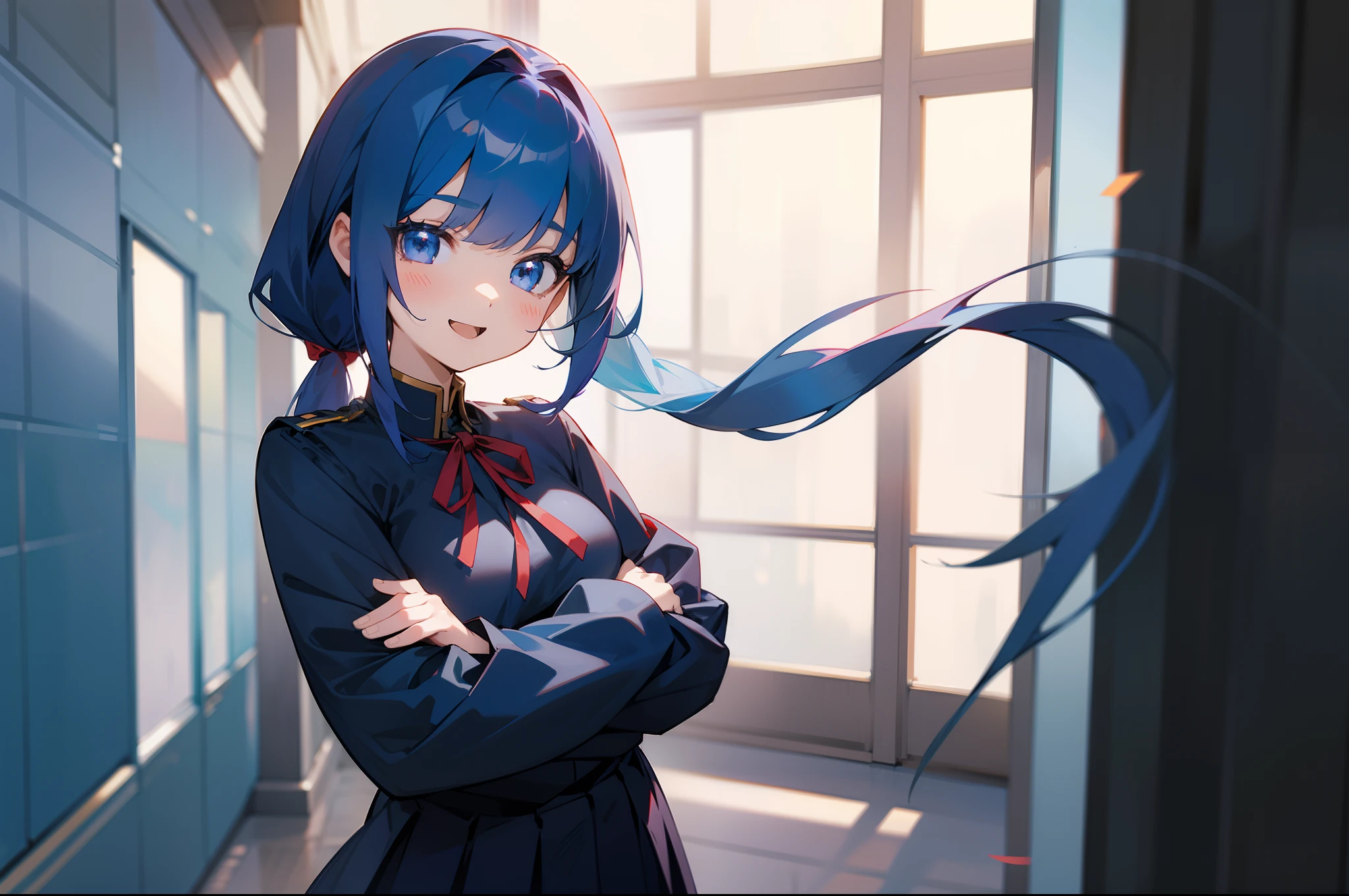 Schools、hallway、Hold your Tablet PC with both hands、(arms folded,)、Standing Girl、(Anime girl laughing facing this side)、20yr old、Upper body, mid-shot,(front facing)、 femele, Detailed eyes, Semi-long hair, Blue hair,(poneyTail)、 Bangs,Dark blue uniform、Red ribbons、pleatedskirt、Long sleeves,、frontage、