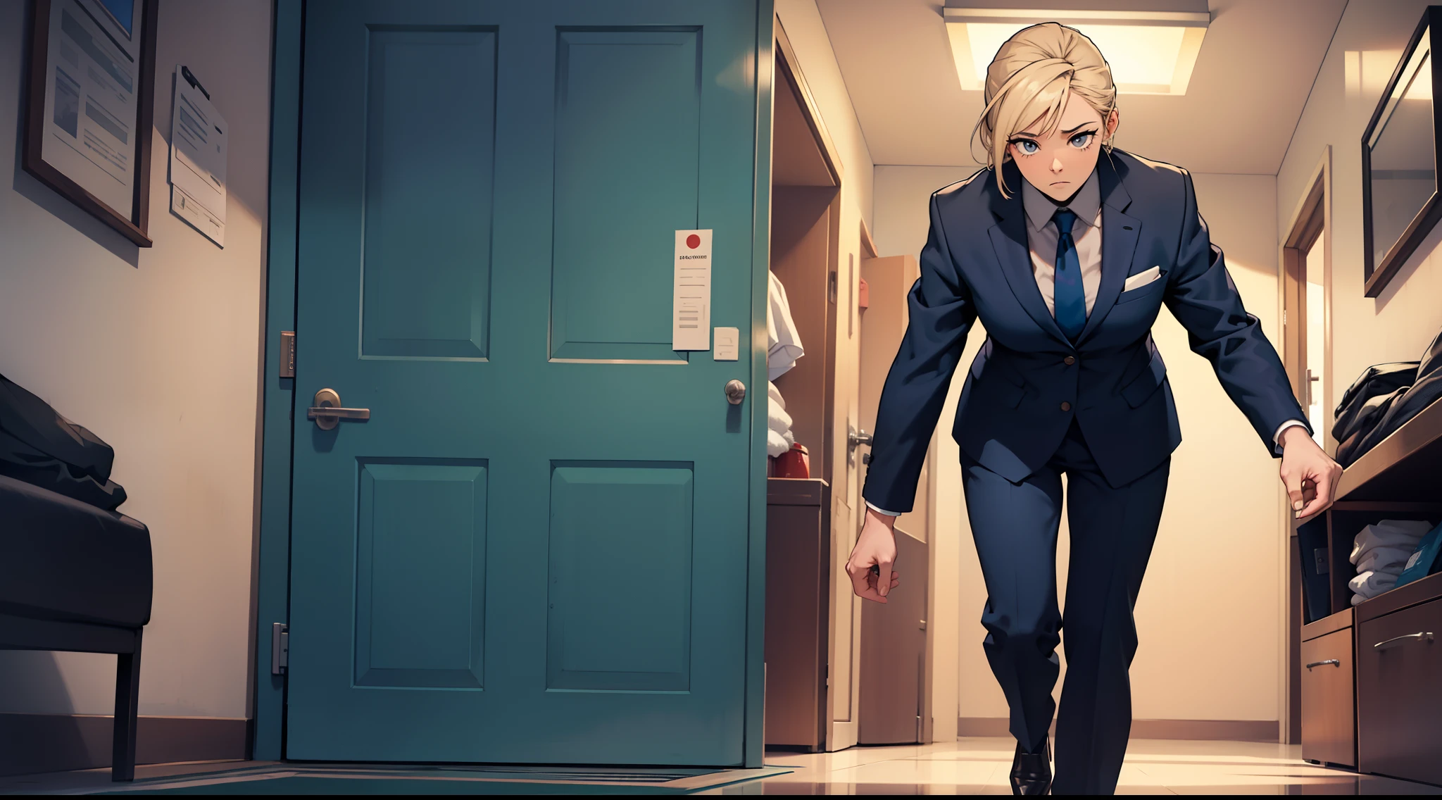 She took a step and hesitantly stepped back，（inside in room)，（The expression is panicked）（Professional suits）（One guy）