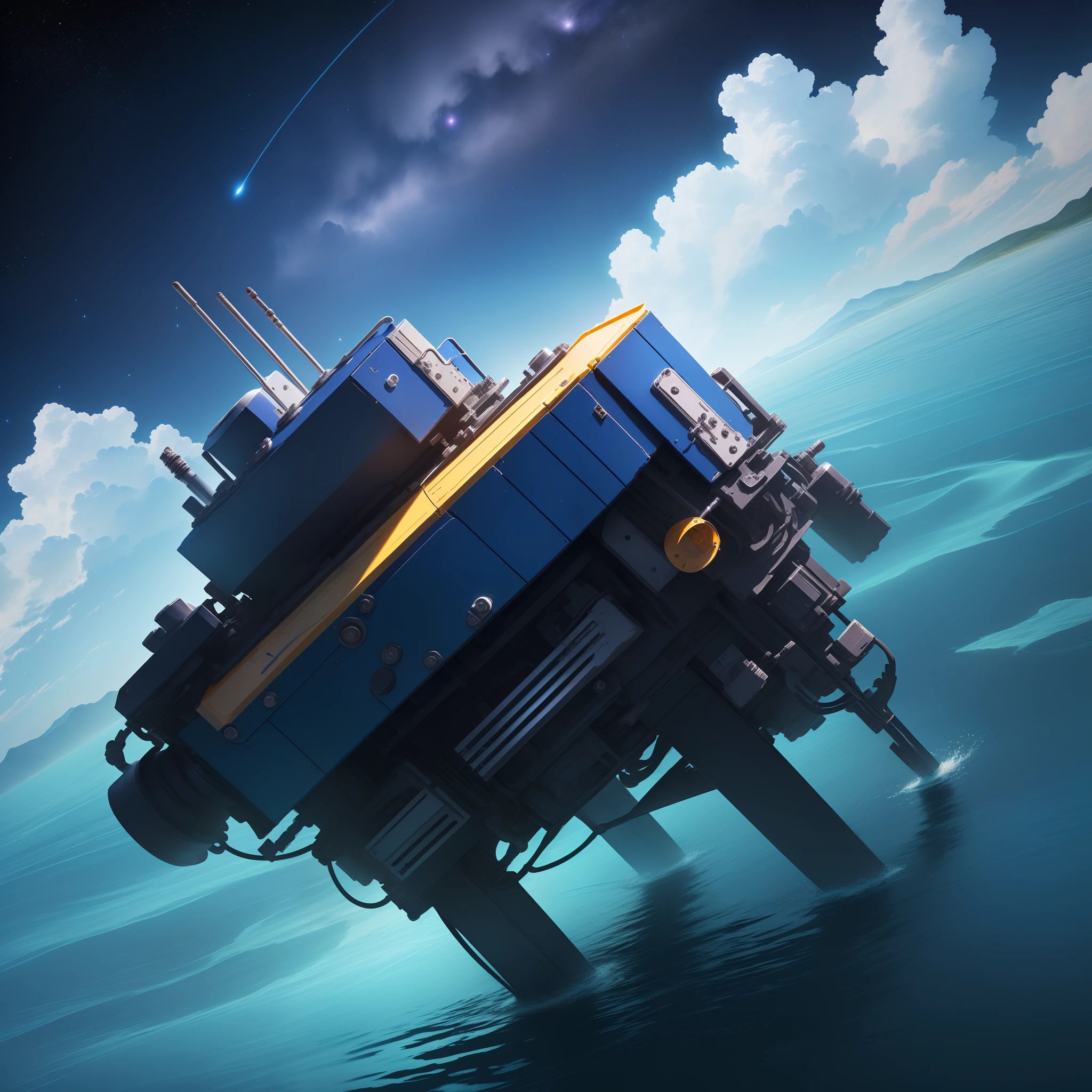 In the middle of a clear blue sky,Nanopillars plunge straight into the sky,Follow these few filaments,Complex machinery whistles,Flew into the bottomless starry sky