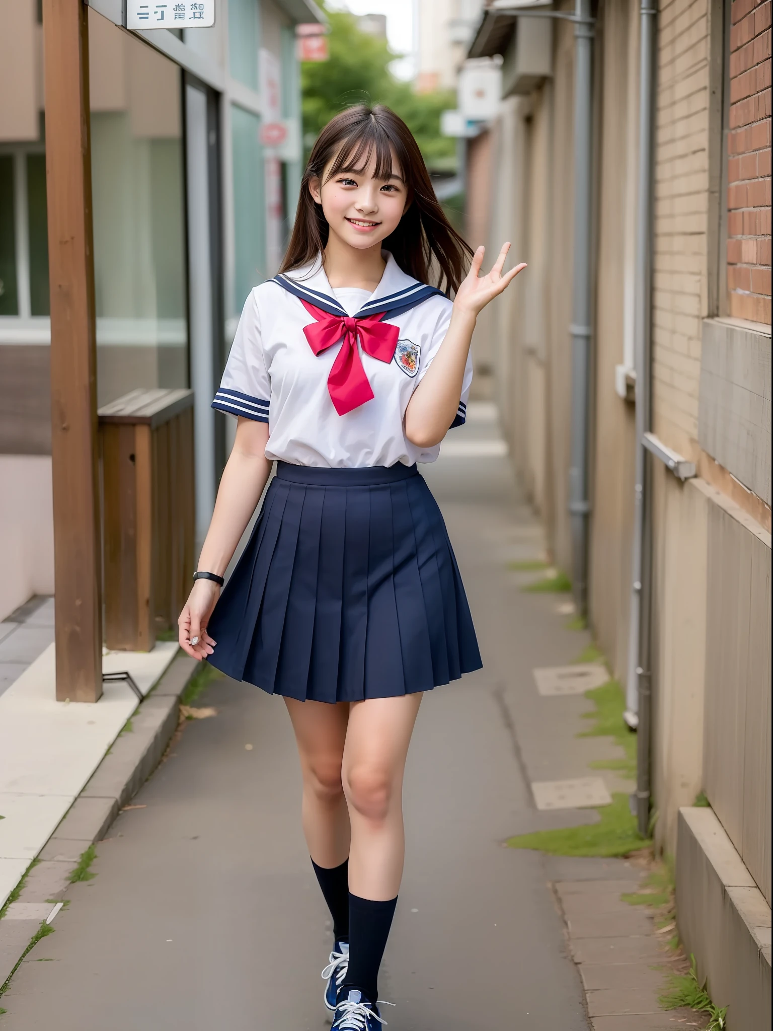 (​masterpiece, top-quality:2.0), （超A high resolution）, (Photorealsitic:1.4), foco nítido,  (1girl in), (Smile at the person you like:1.5),  finely eye, face perfect, Has bangs, hi-school girl (（（a sailor suit、Dark blue pleated skirt、Dark blue high socks、Loafer shoes））)、cute little、sixteen years old、extra detailed face、Perfect face,Walking on the way to school、Waving hands、