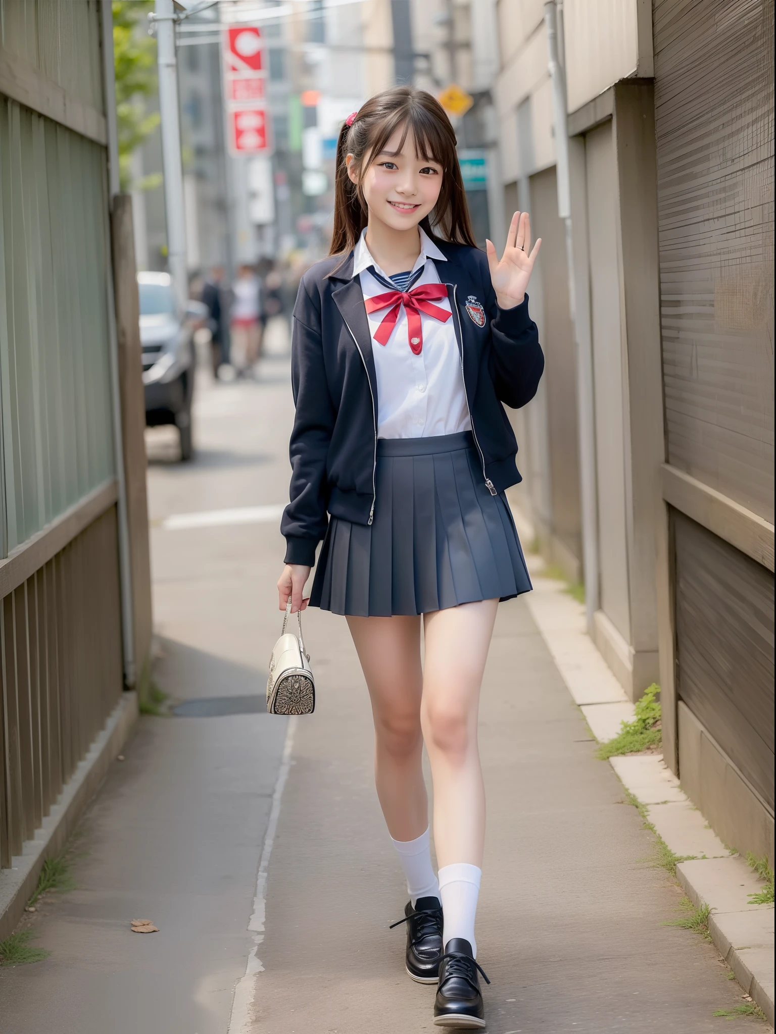 (masterpiece, top-quality:2.0), (超A high resolution), (Photorealsitic:1.4), foco nítido, (1girl in), (Smile at the person you like:1.5), finely eye, face perfect, Has bangs, hi-school girl (((a sailor suit、Dark blue pleated skirt、Dark blue high socks、Loafer shoes)))、cute little、sixteen years old、extra detailed face、Perfect face,Walking on the way to school、Waving hands、