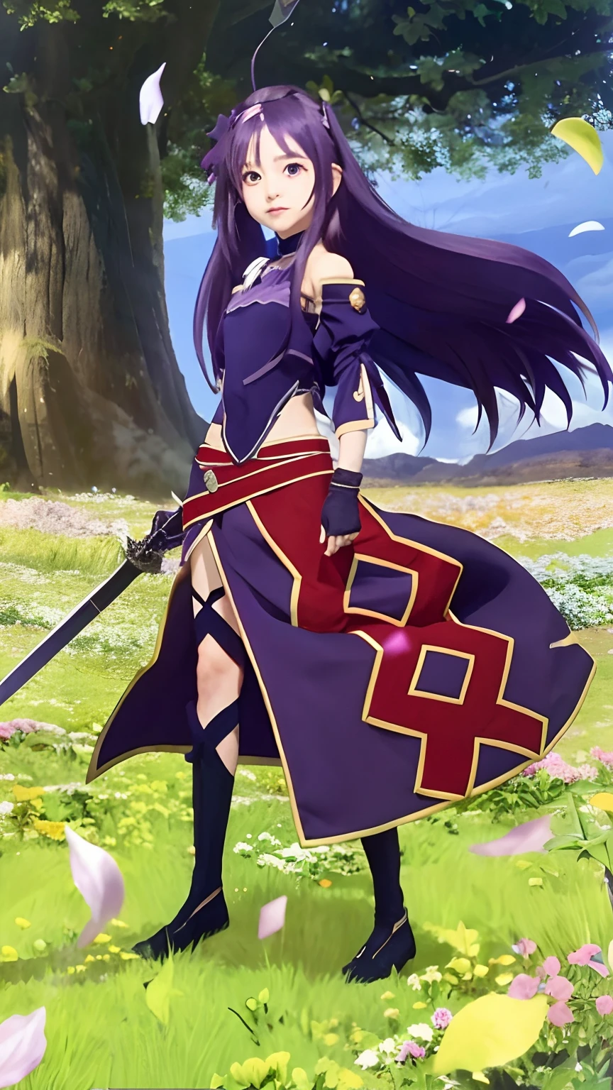 a woman in a purple outfit holding a sword and a sword, konno yuuki, sao style anime, yuuki sword art online, purple - haired mage, realistic, high quality, ultra detail