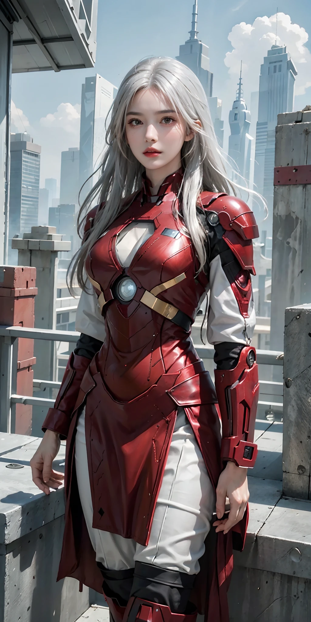 (1girl:1.3), solo,__body-parts__, official art, unity 8k wallpaper, ultra detailed, beautiful and aesthetic, beautiful, masterpiece, best quality, RAW, masterpiece, super fine photo,, best quality, super high Resolution, photorealistic, sunlight, full body portrait, stunningly beautiful,, dynamic pose, delicate , vibrant eyes, (side view), she is wearing a futuristic Iron Man mech, red and gold, Highly detailed abandoned warehouse background, detailed face, detailed complex busy background, messy, gorgeous, milky, high detailed skin, realistic skin details, visible pores, sharp focus, volumetric fog, 8k uhd, dslr camera, High quality, film grain, fair skin, photorealism, lomography, sprawling metropolis in a futuristic dystopia, view from below, translucent, detailed face, white hair