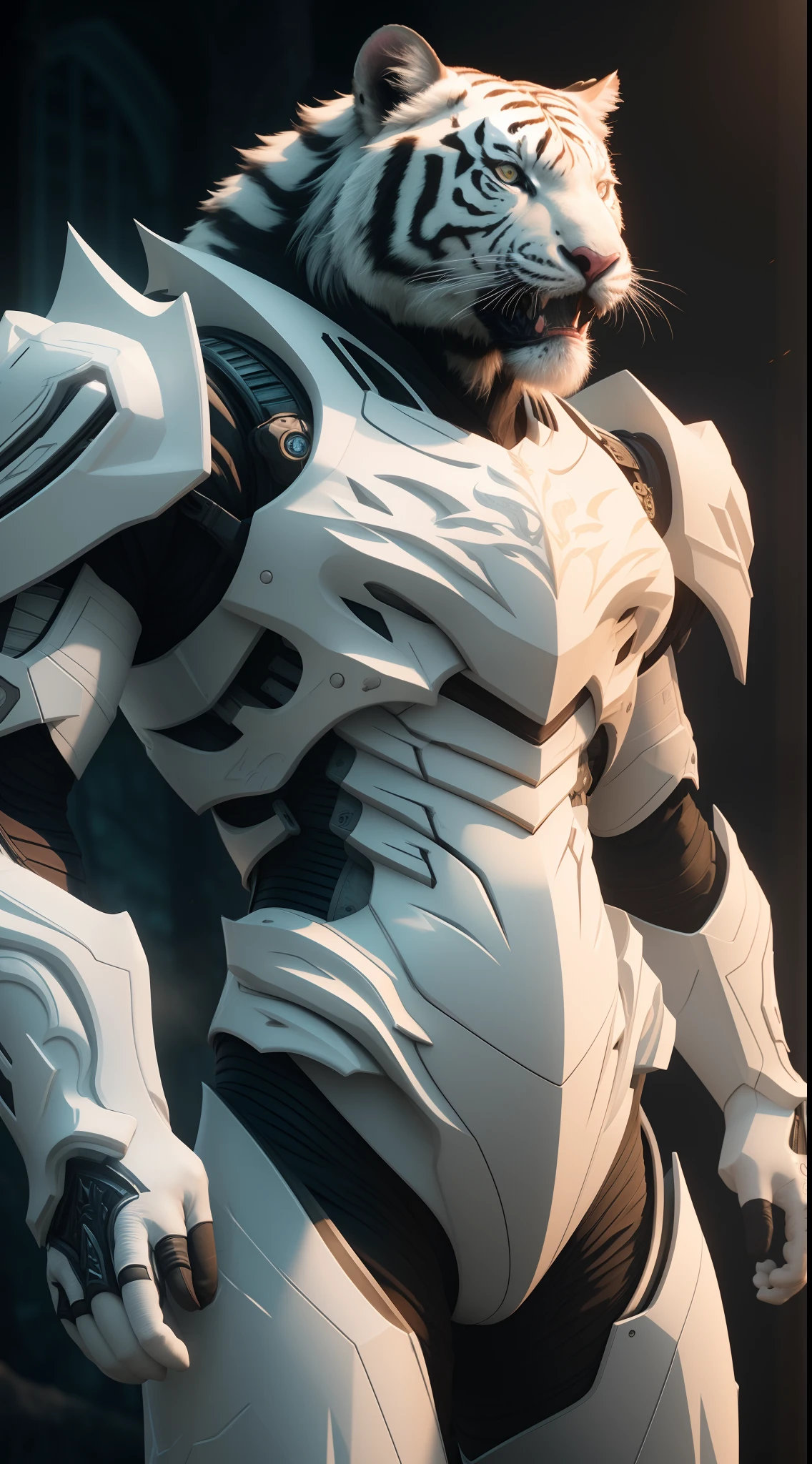 Hyper realistic, high quality, volumetric lighting, white tiger, exoskeleton armor, dramatic lighting, bloom, hdr, unreal engine 5, intricate details