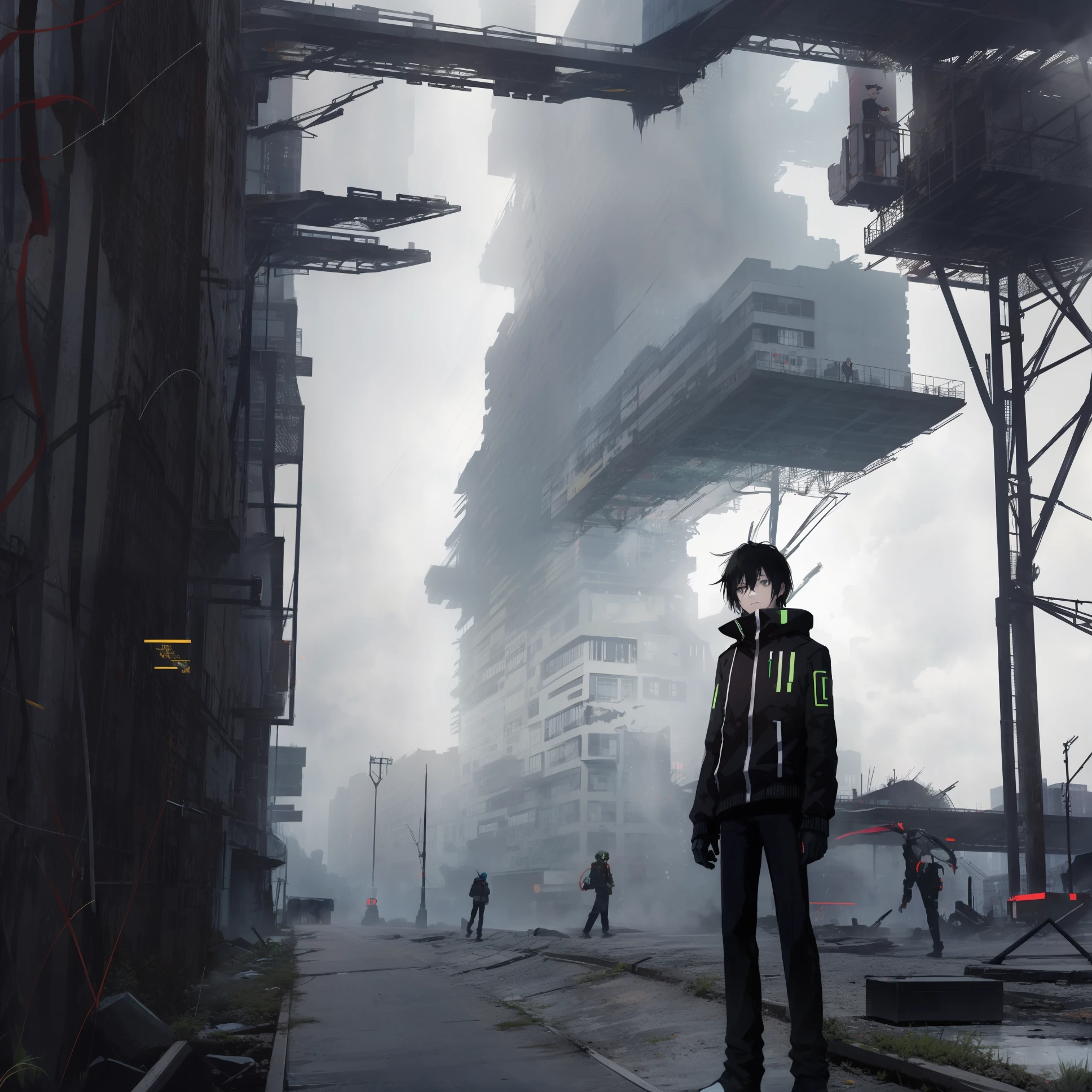 cyber punk, city, 1boy, black hair, black eyes, cyborg