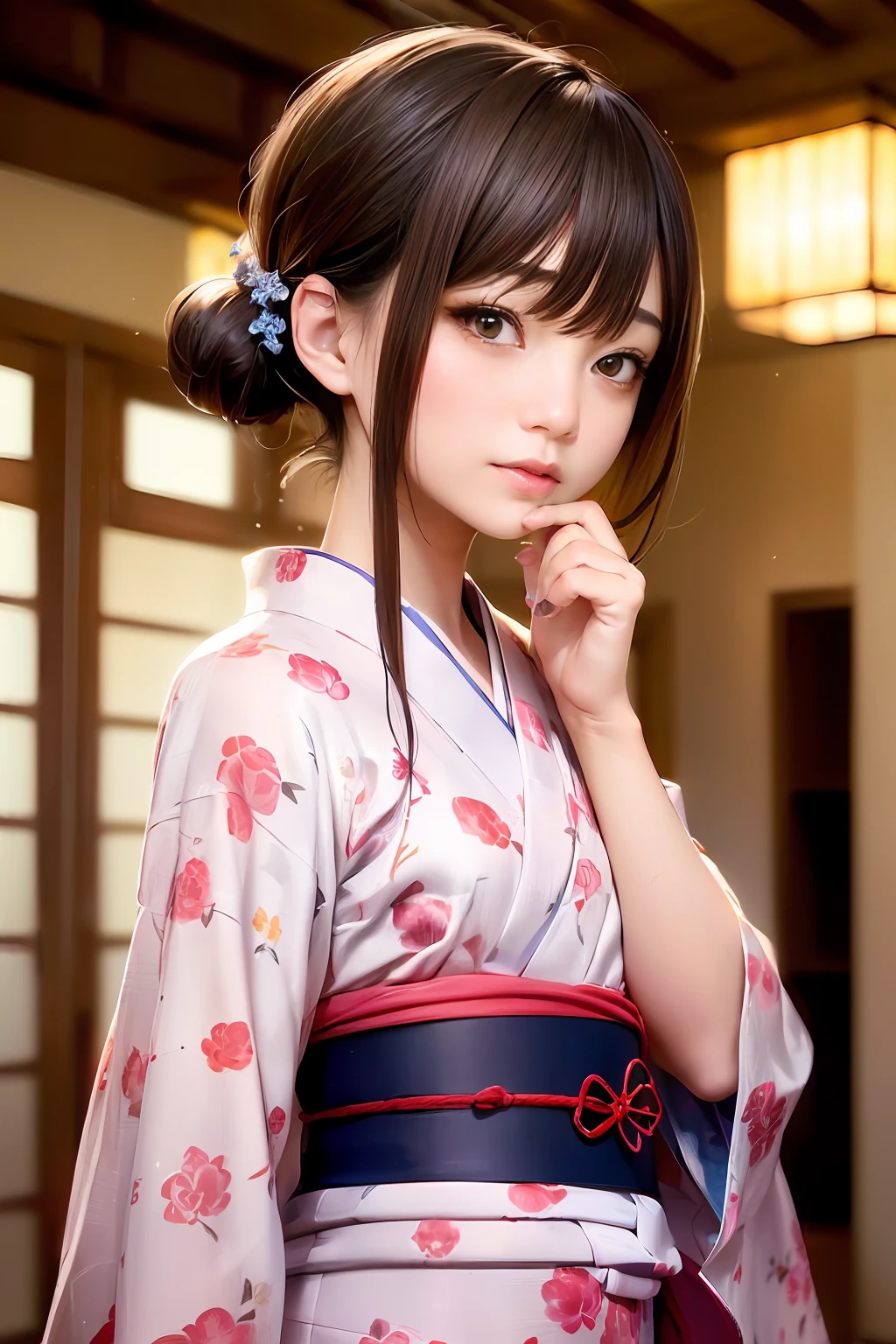 Upper body from the waist up、Are sleeping、nap、(Sleeping with your eyes closed)、(4In K、masterpiece、hight resolution、Realistic and beautiful light and shadow、One girl、Solo Focus、(top-quality)、(Hi-Res)、(extremely delicate and beautiful)、(Beautiful 8k face)、(Brown-eyed)、(I close my eyes while smiling.)、(独奏)、(Clear skin)、(Soft hair)、(hugetits)、(Plaid kimono, Red and blue floral yukata)、((Awa Odori Pose))、((Bokeh lantern light night background))、((speedo))、(reality)、thin and small nose、(red lipsticks)、(Reddening cheeks)、poneyTail、(Lustrous skin)、((Ukiyo-e style))、Ultra-thin eyebrows、Ultra high image quality、(Wearing maiko-style makeup)、skin whitening、long and beautiful lashes、Turning around in the style of a Kyoto magazine model、((s asleep))、Lustrous skin、(Red-dyed cheeks)
