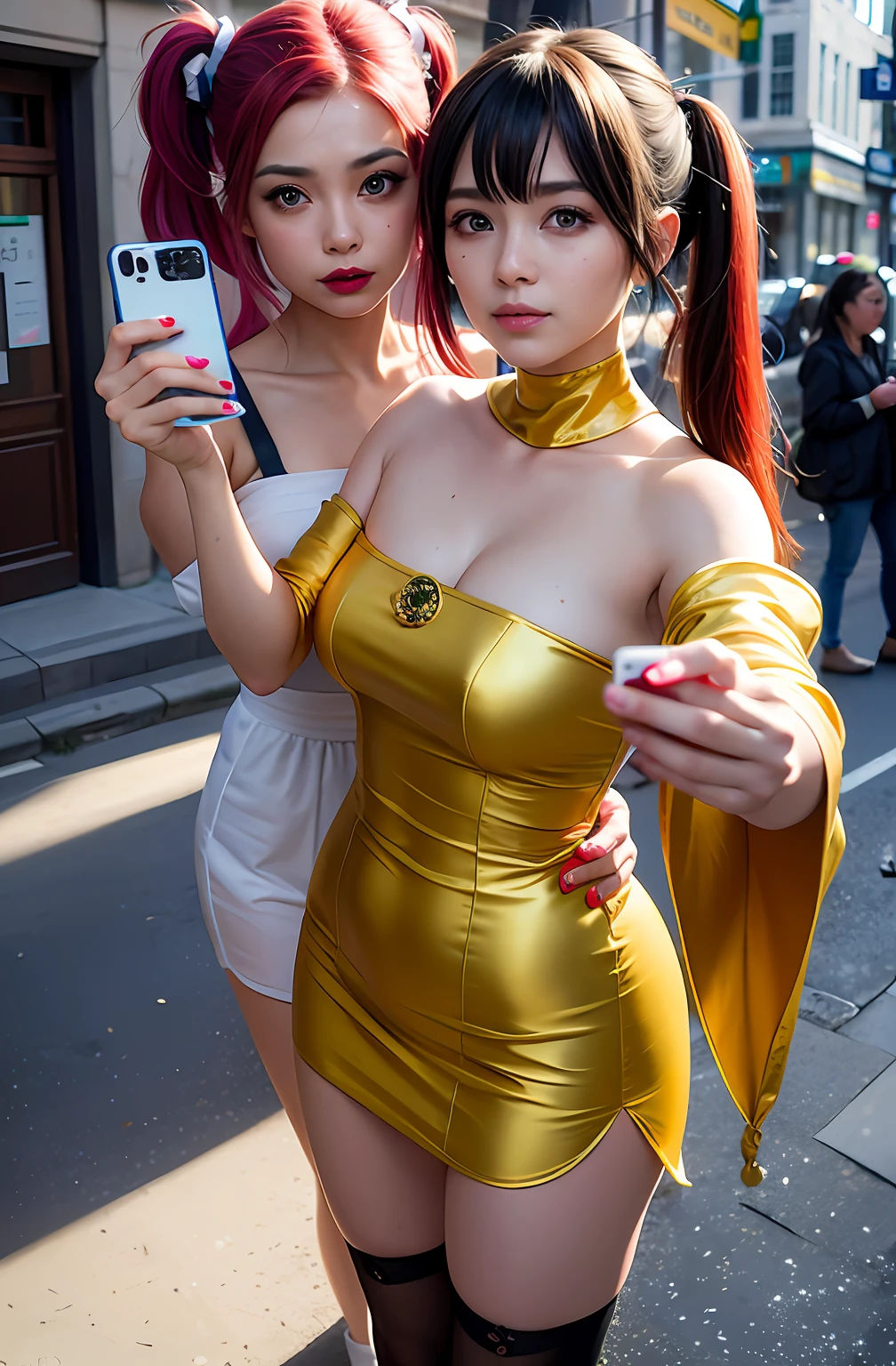 shukezouma, rendering by octane, hdr, (ultra - detailed:1.15), (Soft light, Sharp:1.2), (((duo,Two women in costume take selfies on the street,colorful pigtail, anime cosplaying,))),Beautiful girl, hyper detail eyes, mature, Painting drops, paint teardrops, woman made up from paint, entirely paint, splat, Splash, Long colored hair,paint bulb,paint drops, Exposed shoulders, Tears,shoulders are visible, Thighs exposed, seminude, focus onface, Beautiful face, eye shadows, Dark circle contour,mascara, Beautiful, 18yr old
