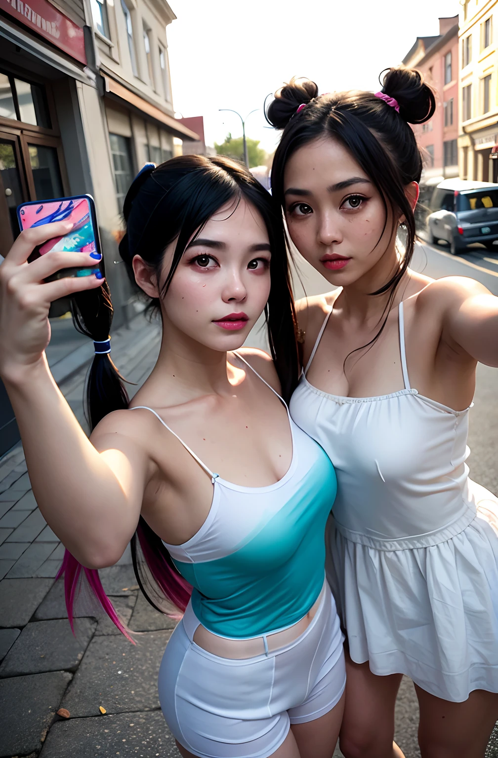 shukezouma, rendering by octane, hdr, (ultra - detailed:1.15), (Soft light, Sharp:1.2), (((duo,Two women in costume take selfies on the street,colorful pigtail, anime cosplaying,))),Beautiful girl, hyper detail eyes, mature, Painting drops, paint teardrops, woman made up from paint, entirely paint, splat, Splash, Long colored hair,paint bulb,paint drops, Exposed shoulders, Tears,shoulders are visible, Thighs exposed, seminude, focus onface, Beautiful face, eye shadows, Dark circle contour,mascara, Beautiful, 18yr old
