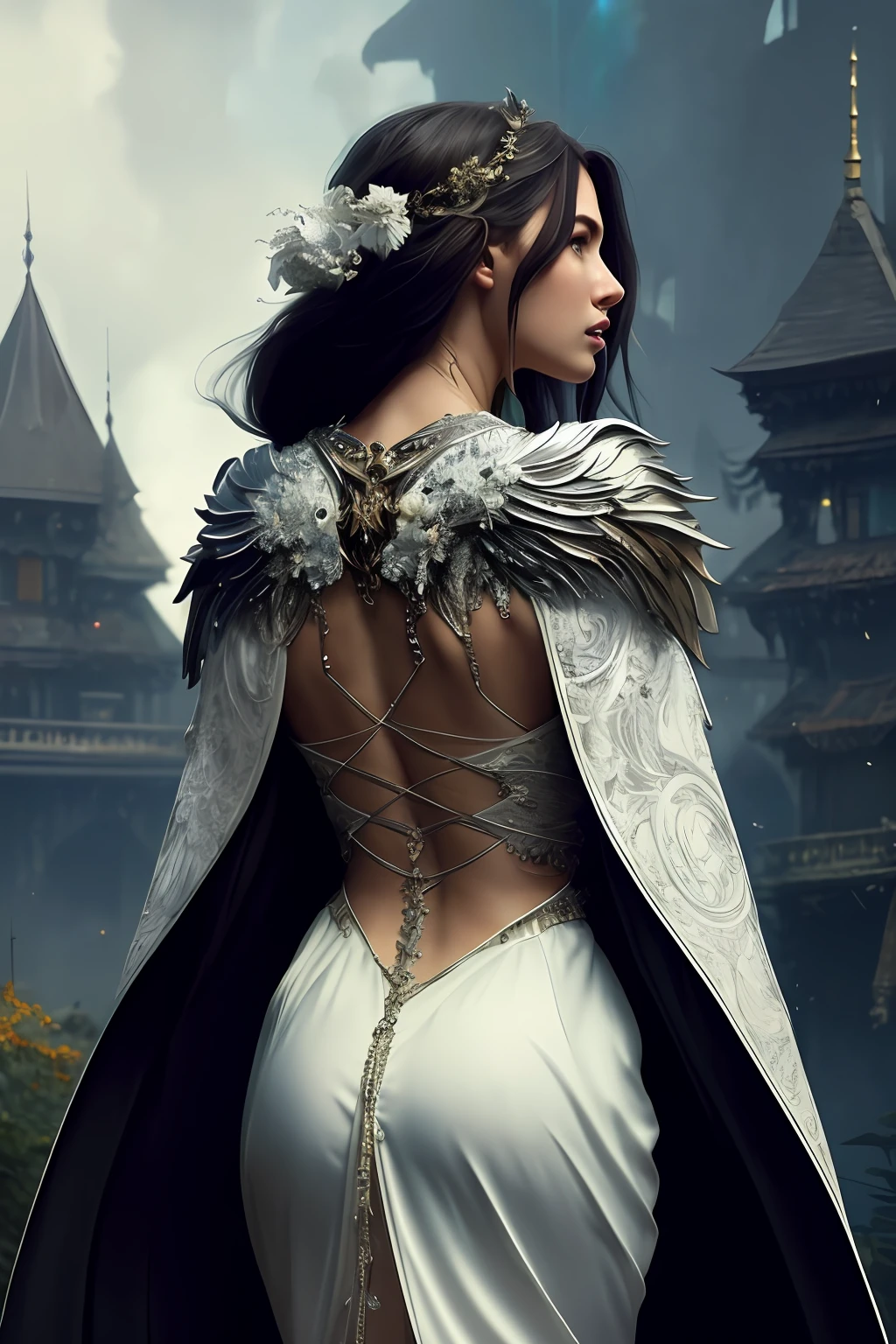 full body:1.6, walking pose, slow motion, (rogue thief:1.2) woman, multi-layered stitched,(white silk cloak), (intricately patterned cloth:1.2), (insanely detailed, flowering:1.5), (top quality, Alessandro Casagrande,
Greg Rutkowski, Sally Mann, concept art, 4k), (analog:1.2), (high sharpness), (detailed pupils:1.1), (painting:1.1), (digital painting:1.1), detailed face, eyes and body, masterpiece, best quality, (highly detailed photo:1.1), 8k, photorealistic, (long curvy hair, ecstasy:1.1), (young woman:1.1), by jeremy mann, by sandra chevrier, by maciej kuciara, sharp, (perfect body:1.1), realistic, real shadow, 3d, (europe castle background:1.2), (by Michelangelo), angel of death, innocent, eyes, diadem, angel wings, black clothes, full body, arms behind back, sky, halo, post-apocalypse, detailed armor