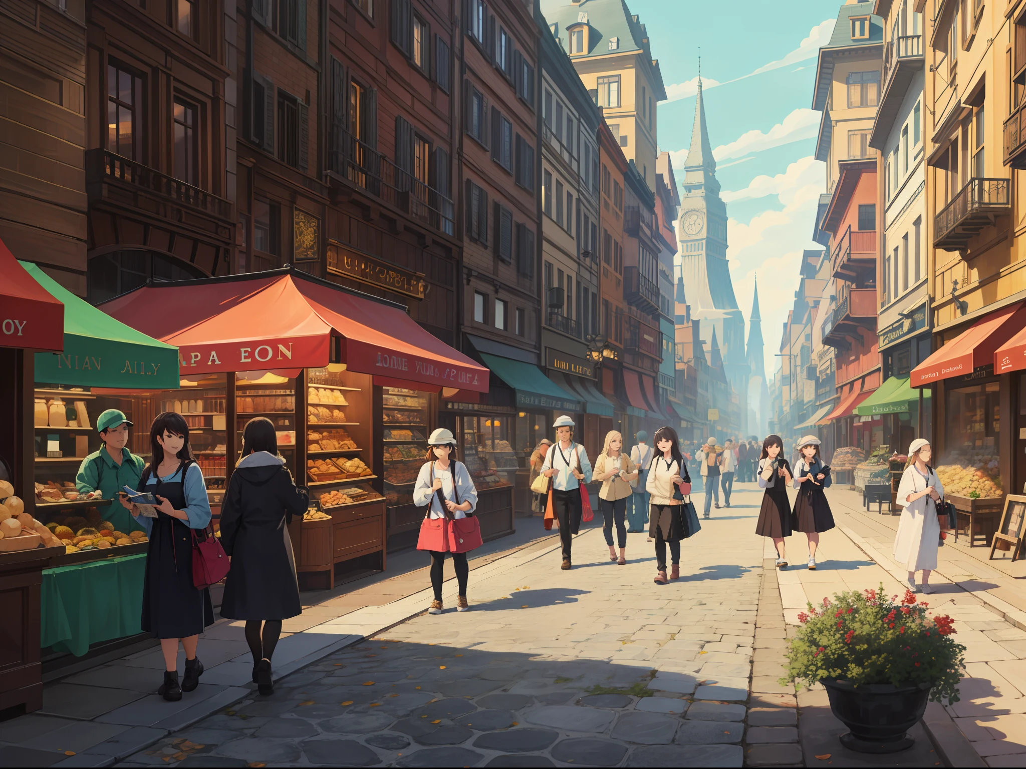 （absurderes，A high resolution，ultra - detailed，realisticlying，），Bustling streets，Lots of shops，Lots of pedestrians，In the daytime