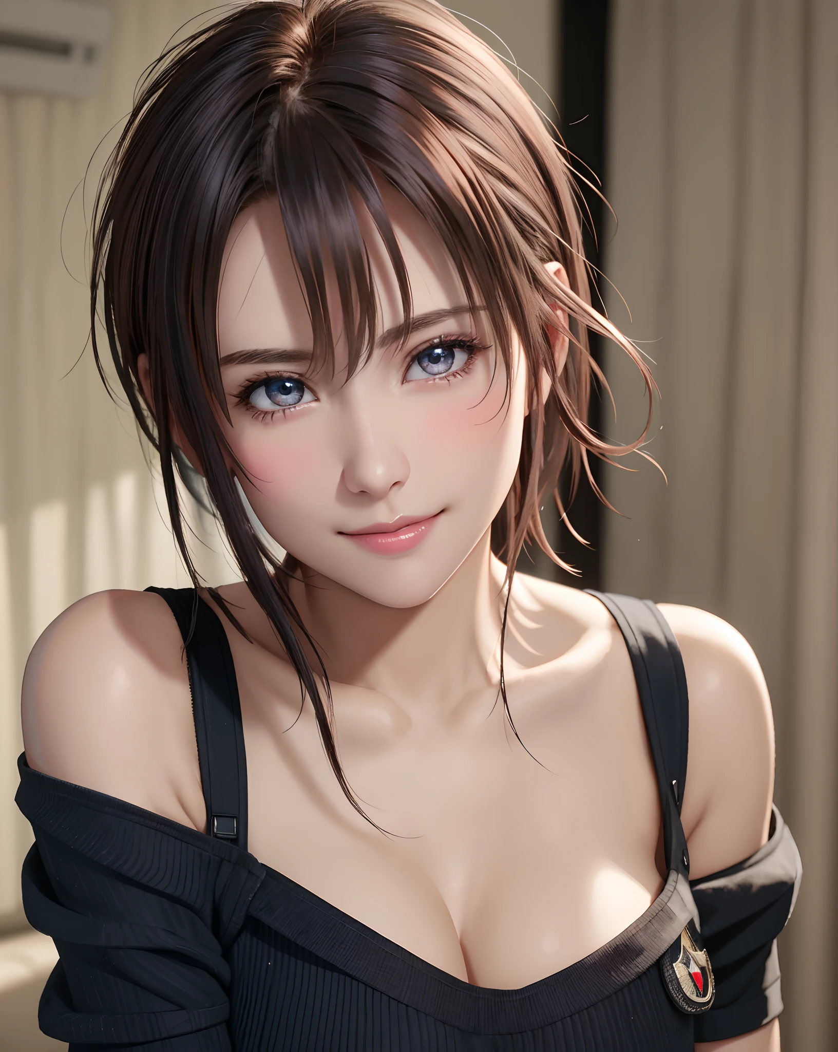 Best Quality, Ultra High Resolution, (Photorealistic: 1.4), Beautiful Eyes, Super Beautiful, Very Short Hair, Beautiful, Sweetheart, T-shirt with Rough Chest, Beautiful Soldier, Eyes That Invite Viewer, Lover's Perspective, Inviting Expression, Sexy Smile, Perfect Style, Perfect Balance, Detailed Skin, Naughty Gaze, Chest Visible