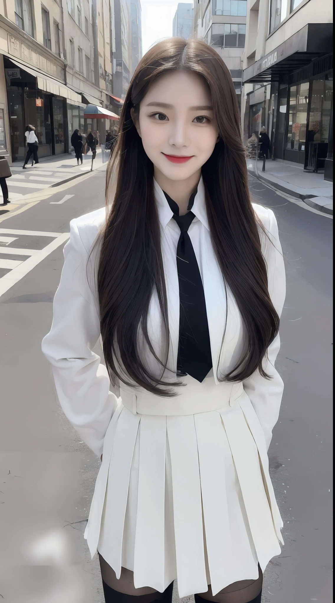 (1 Korean star with royal sister style), ((Best quality, 8K, 巨作: 1.3)), focal point: 1.2, Perfect body proportions: 1.4, (Make a smile), Watery eyes, Highly Detailed Face and Skin Textur, Fine eyes, Double eyelids, Whitens the skin, (Shawl straight hair: 1.3), (face round: 1.5), (校服: 1.6), (Medium-thickness stockings: 1.4),(Uniform style:1.4),(the street:1.3)