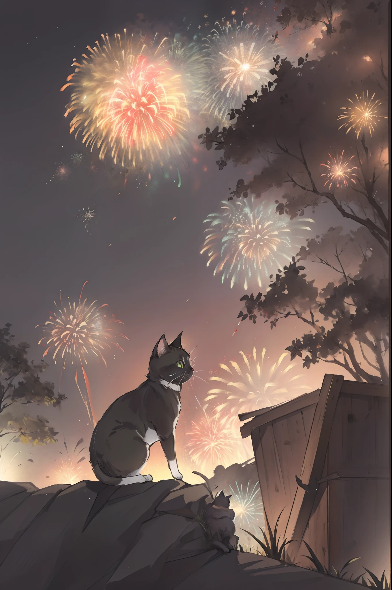 Fireworks in the background、1 kitten