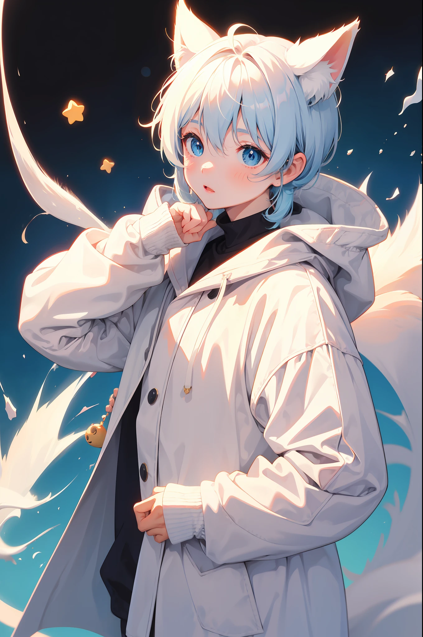 Soft moe anime style,Cute cat-eared boy with white fur,Light blue eyes,Q version emoji,Excellent anime drawing。
