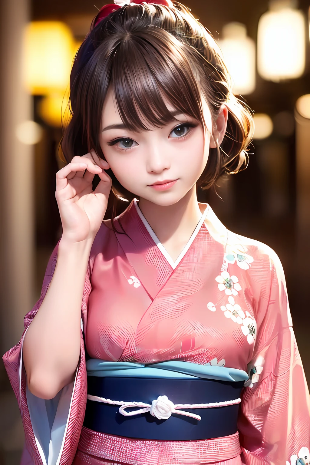 Upper body from the waist up、Are sleeping、nap、(Sleeping with your eyes closed)、(4In K、masterpiece、hight resolution、Realistic and beautiful light and shadow、One girl、Solo Focus、(top-quality)、(Hi-Res)、(extremely delicate and beautiful)、(Beautiful 8k face)、(Brown-eyed)、(I close my eyes while smiling.)、(独奏)、(Clear skin)、(Soft hair)、(hugetits)、(Plaid kimono, Red and blue floral yukata)、((Awa Odori Pose))、((Bokeh lantern light night background))、((speedo))、(reality)、thin and small nose、(red lipsticks)、(Reddening cheeks)、poneyTail、(Lustrous skin)、((Ukiyo-e style))、Ultra-thin eyebrows、Ultra high image quality、(Wearing maiko-style makeup)、skin whitening、long and beautiful lashes、Turning around in the style of a Kyoto magazine model、((s asleep))、Lustrous skin、(Red-dyed cheeks)